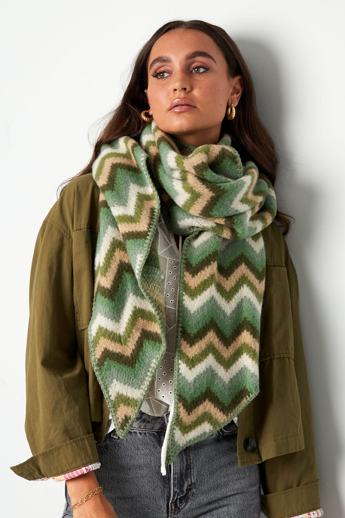 Scarf with zigzag print - green orange Picture3