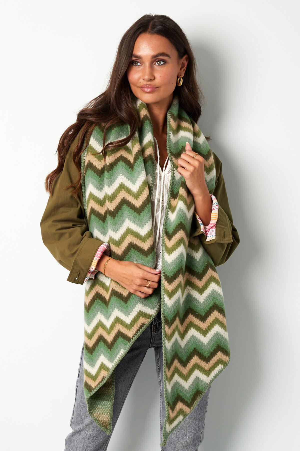 Scarf with zigzag print - green orange h5 Picture4