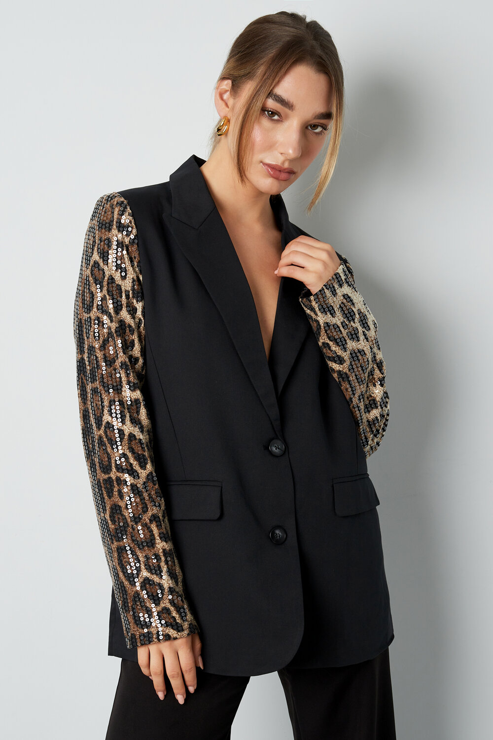 Conjunto de Traje de Mujer en Poliéster Chaqueta con Mangas de Estampado de Leopardo y Lentejuelas h5Imagen4
