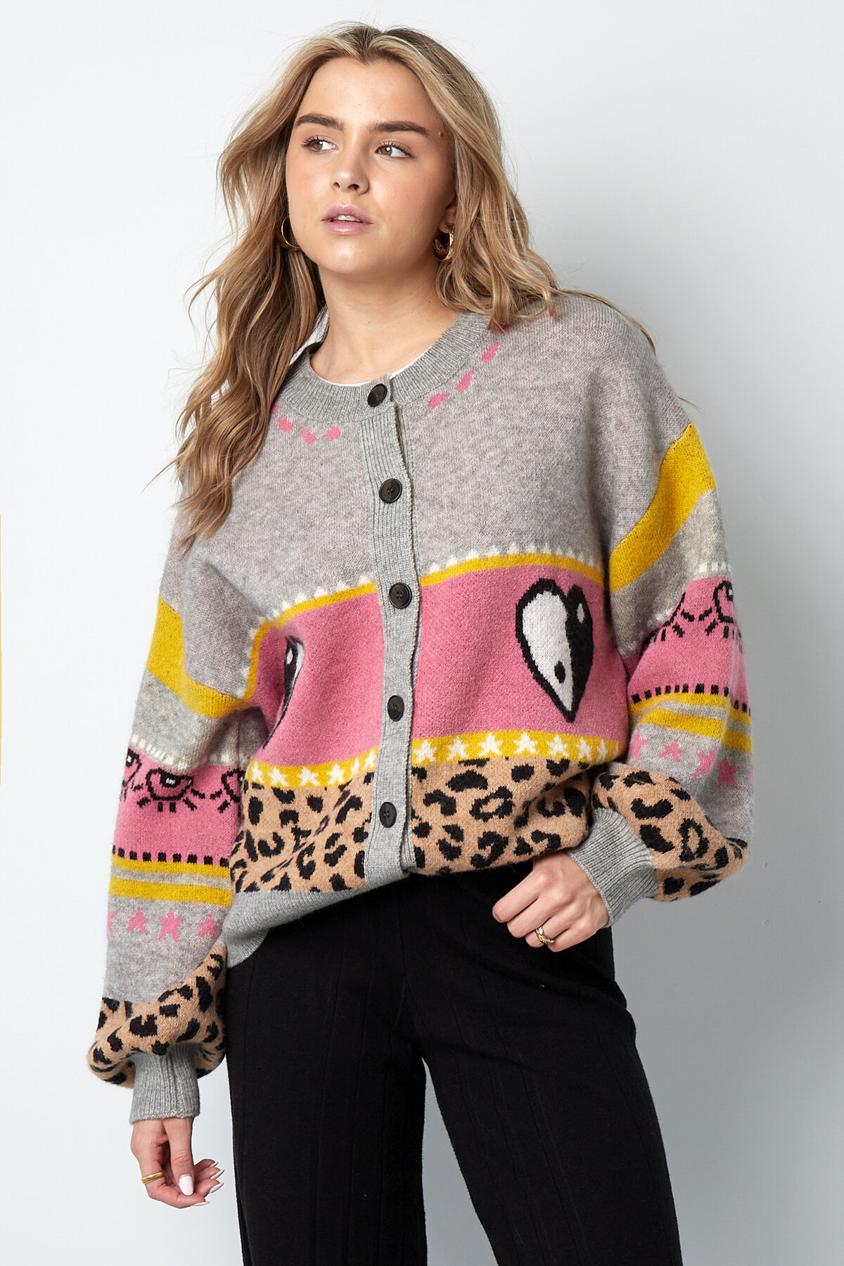 Cardigan di Maglia Miscela di Lana Donna Taglio Oversized Design Stampato h5Immagine6