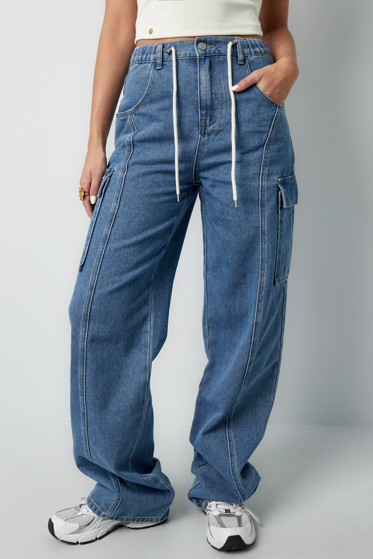 Cotone Tessuto Pantaloni Dritti Donna Casual Colore Puro Indaco Medio h5 Immagine2