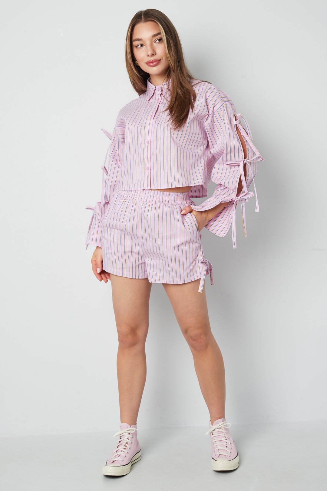 Cotton Woven Women's Blouse Spring/Summer Striped Tie Sleeve h5Picture5