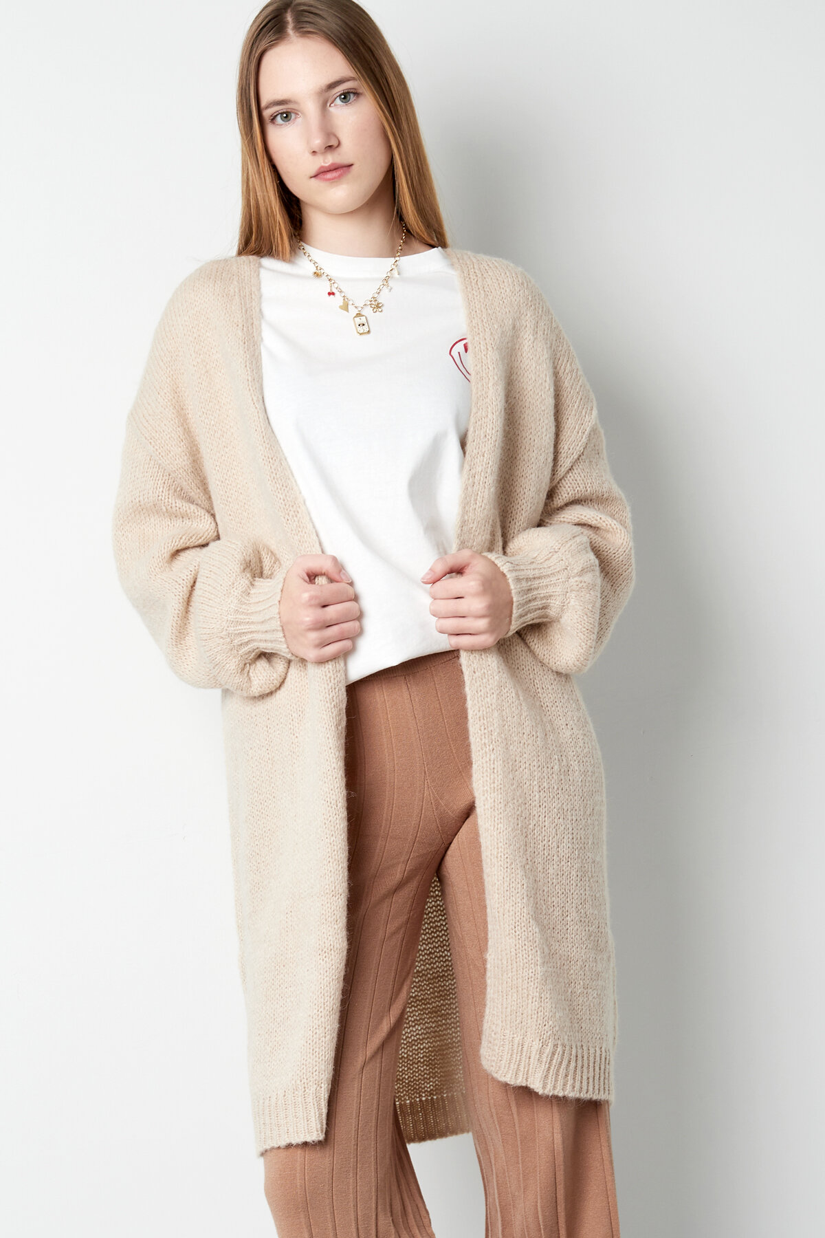 Cardigan de Punto de Nylon Mujer Largo Corte Oversized Abertura delantera