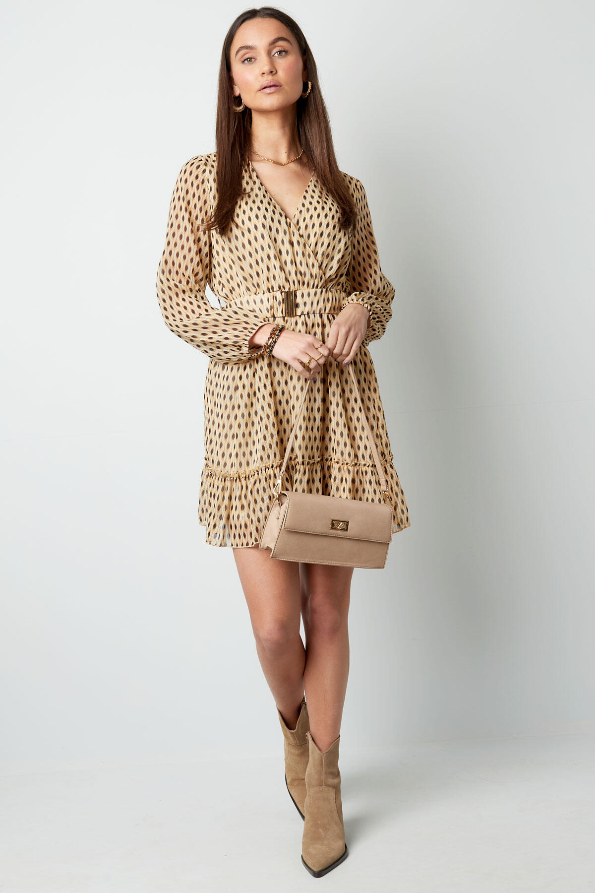 Vestido estampado con cinturón - beige S Imagen3