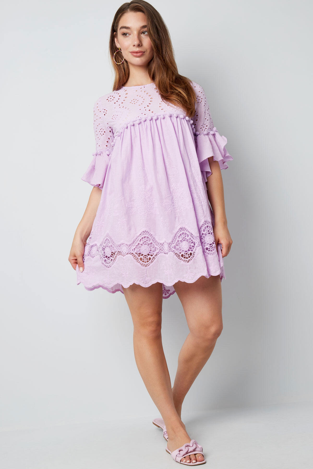 Cotone Abito Mini Donna Ricamo Maniche Volant h5 Immagine11