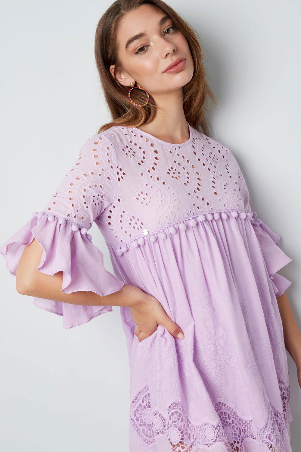 Cotone Abito Mini Donna Ricamo Maniche Volant h5Immagine8
