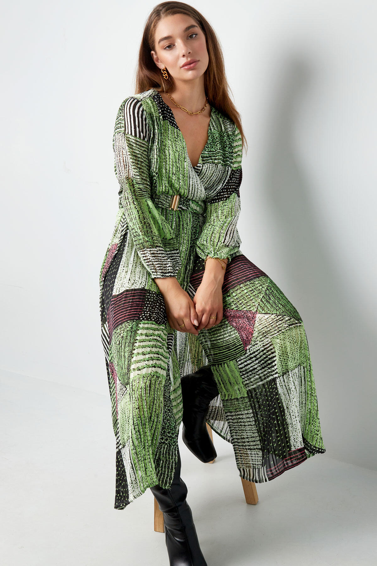 Vestido Maxi de Mujer en Poliéster Estilo Wrap Diseño Patchwork h5 Imagen5