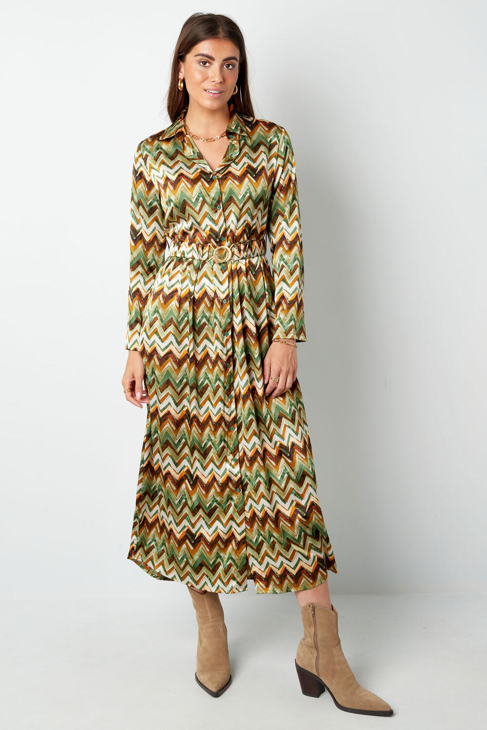 Abito Maxi Donna in Poliestere Motivo Zigzag Vita Cinturata h5Immagine3