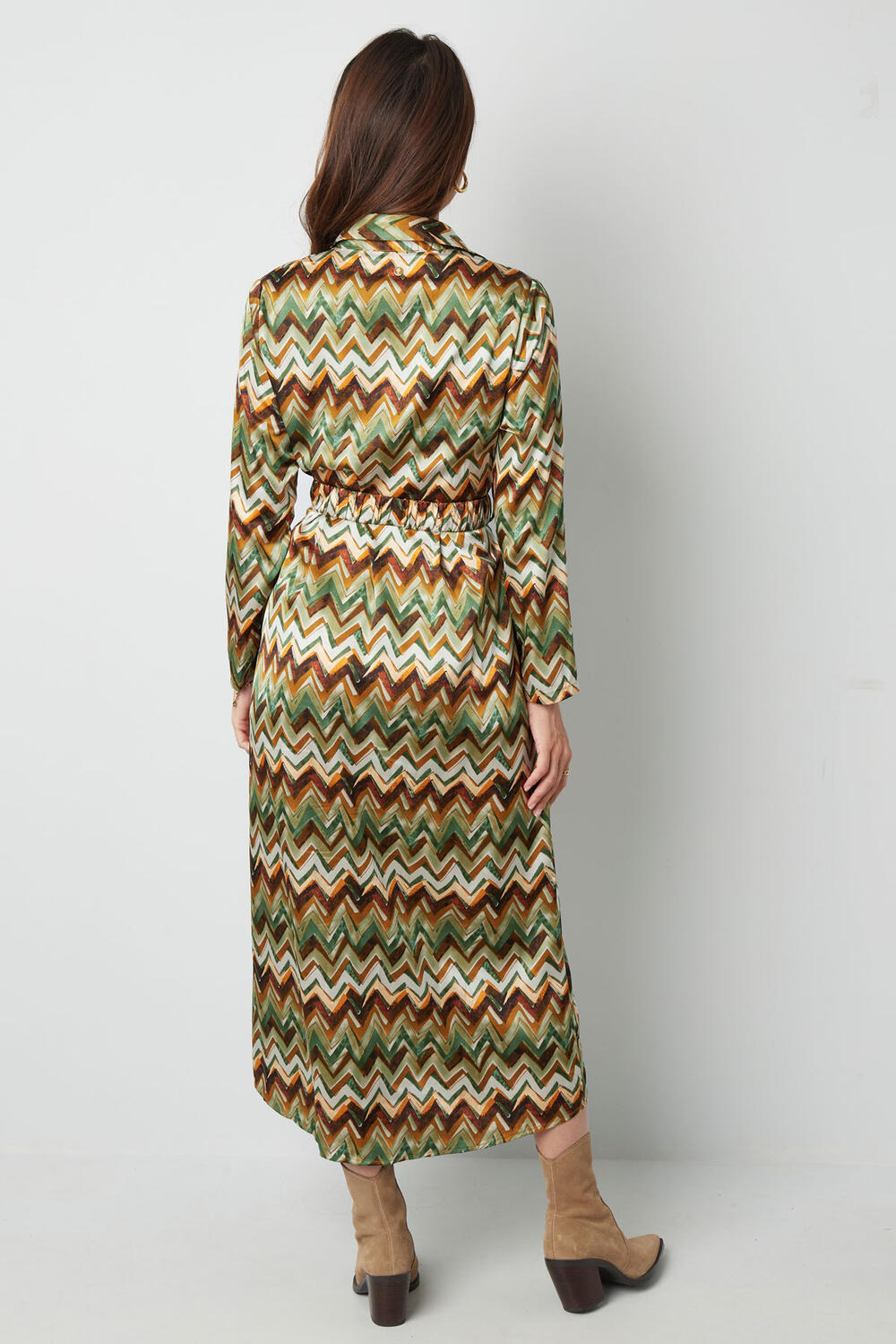 Abito Maxi Donna in Poliestere Motivo Zigzag Vita Cinturata h5Immagine4