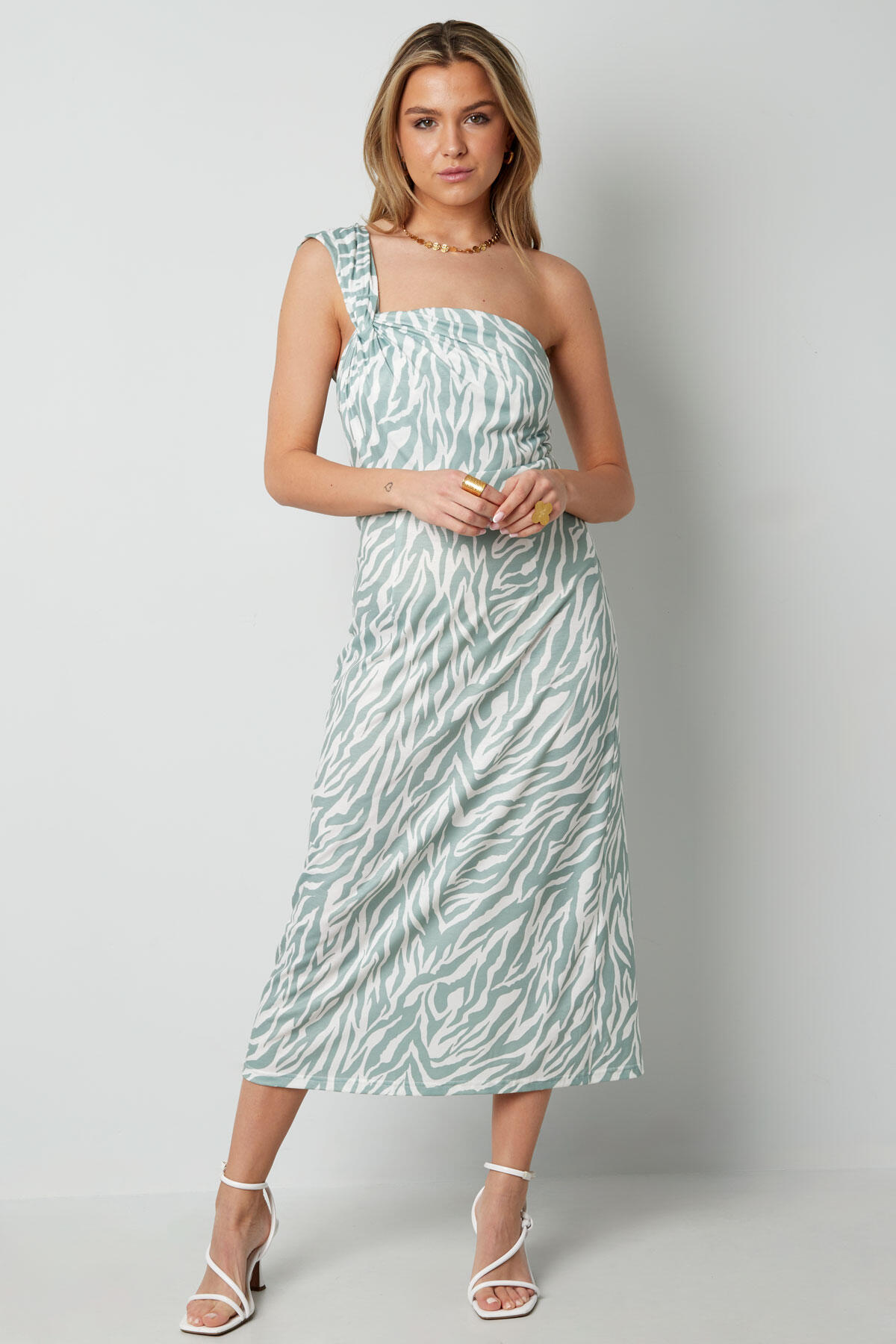 Abito Maxi Donna in Poliestere a Spalla Singola con Stampa Zebra h5 Immagine10