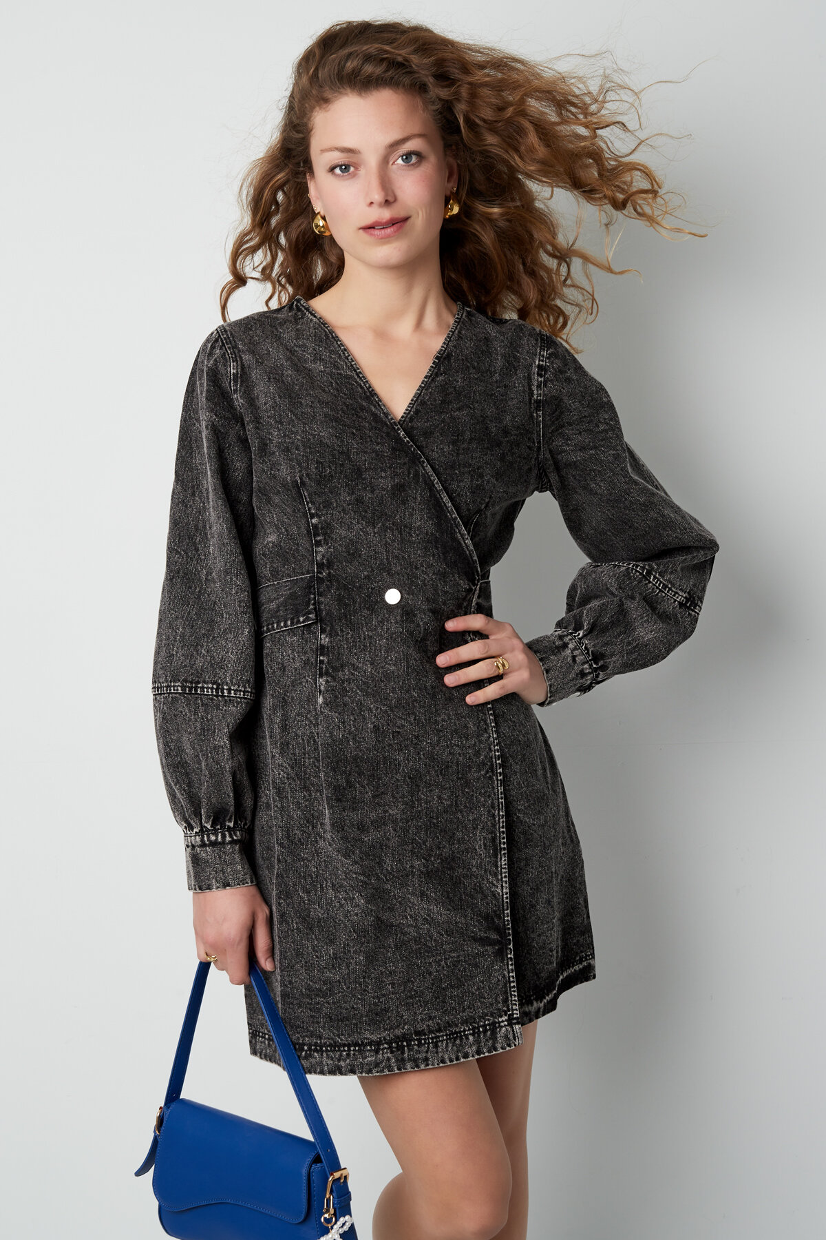 Cotone Abito Mini Donna Stile Wrap Chiusura a Doppio Bottone Immagine2
