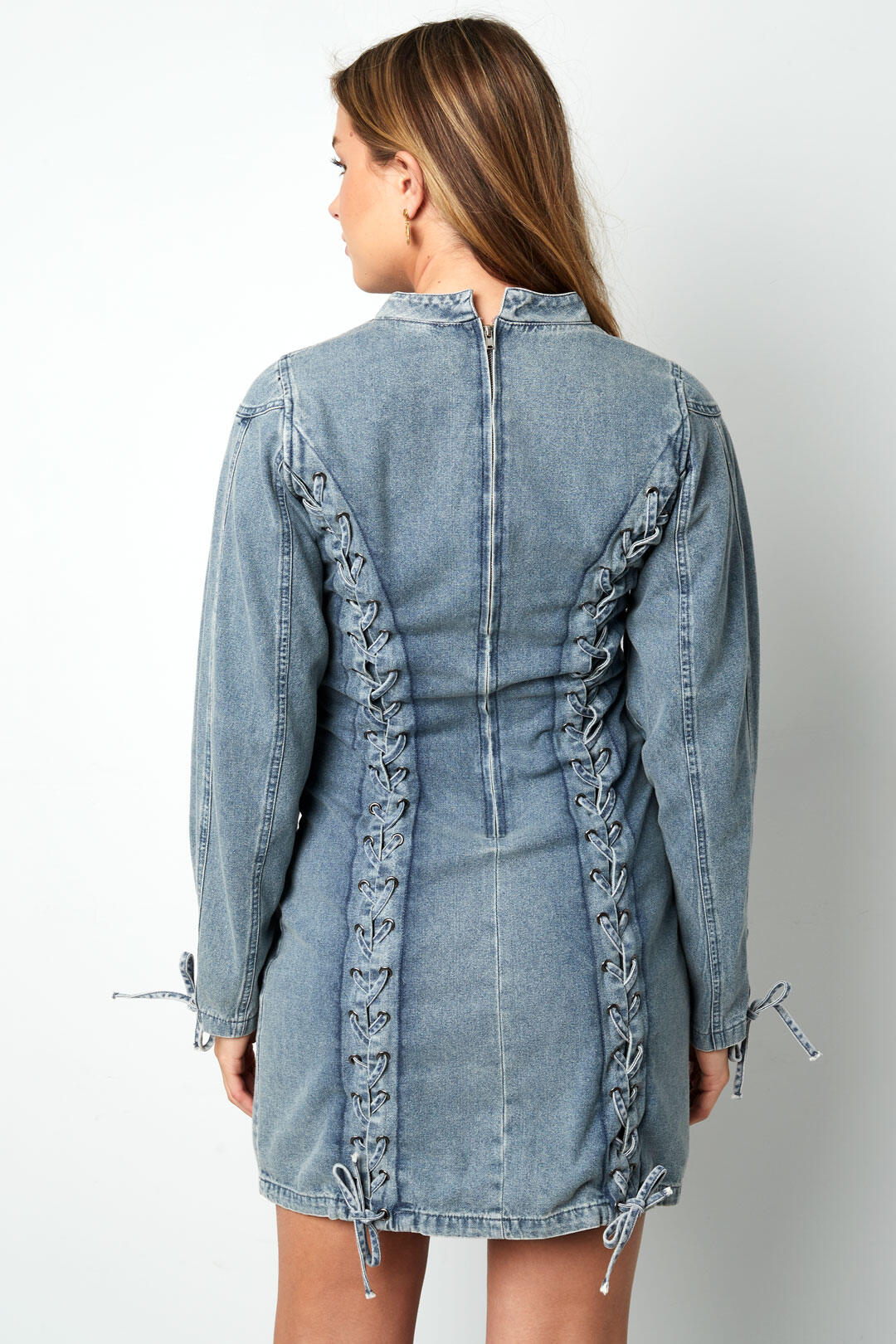 Cotton Woven Denim Dress Elegant Tie-up Solid Color h5 Picture7