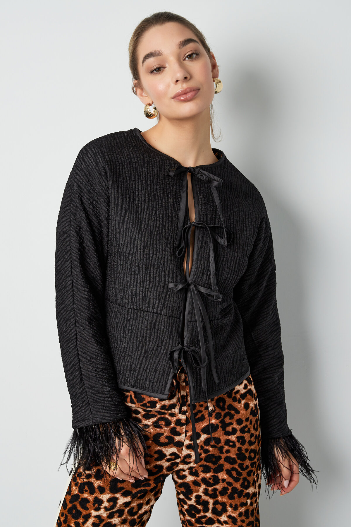 Polyester Women's Cropped Jacket Lace-Up Feather Trim Picture3
