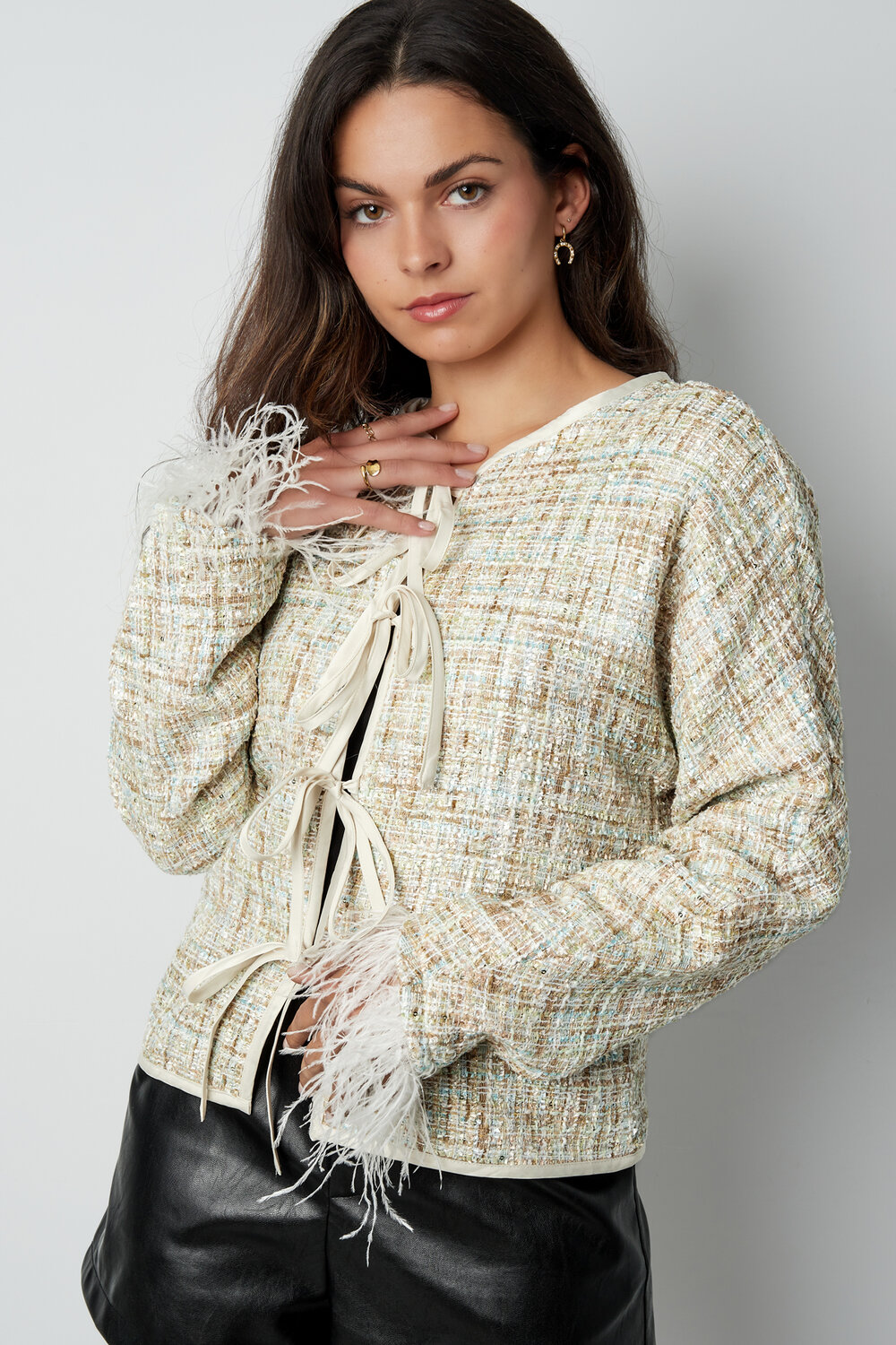 Polyester Women's Jacket Tweed Style Feather Trim h5Picture2