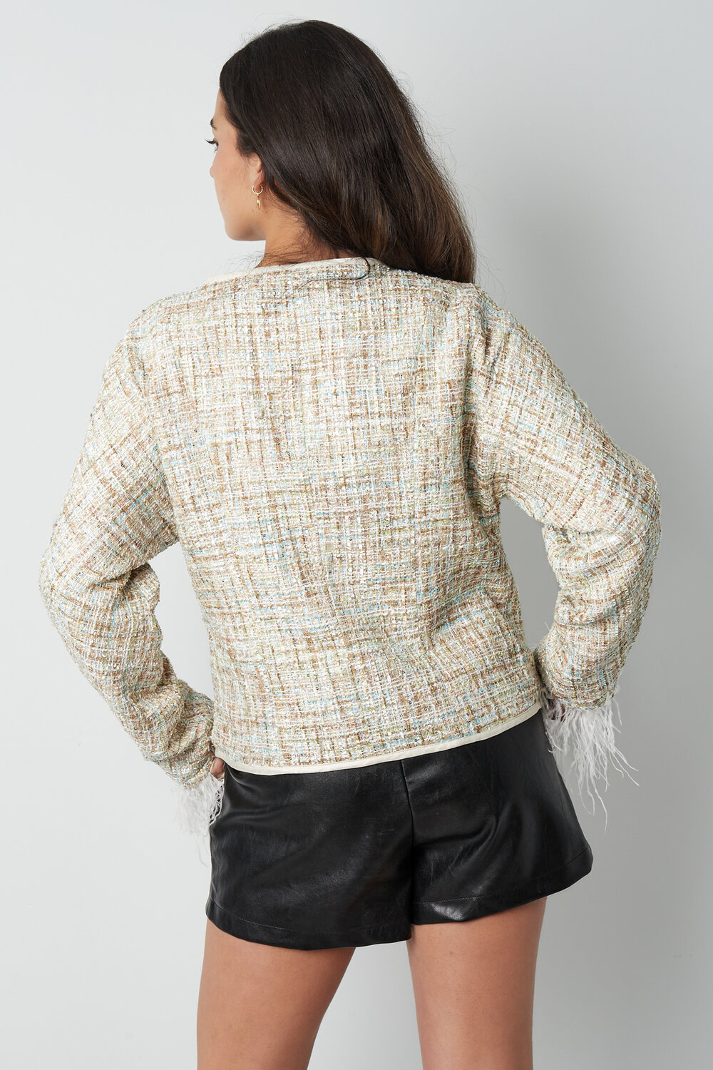 Polyester Women's Jacket Tweed Style Feather Trim h5Picture5