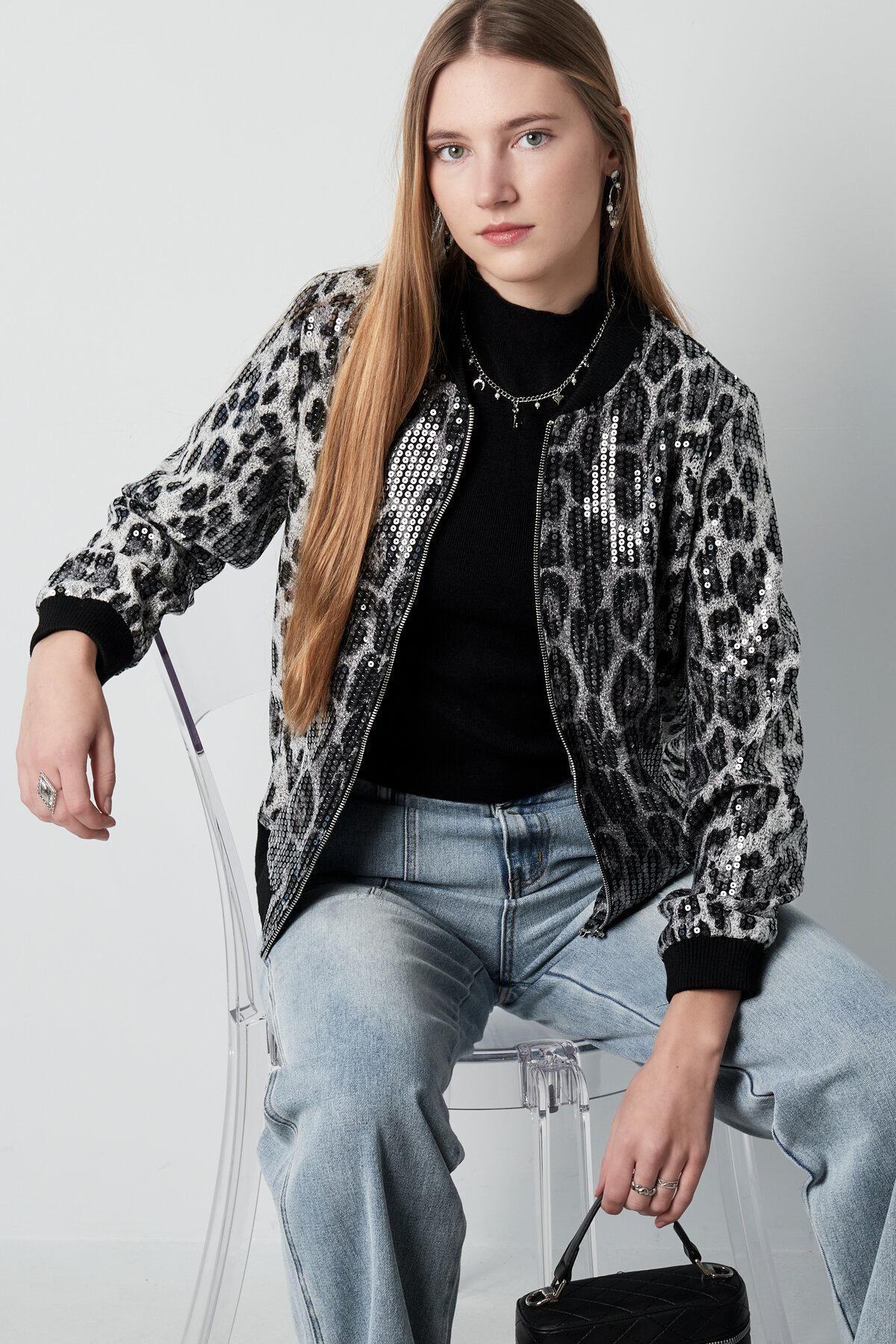Polyester Women's Bomber Jacket Leopard Print Sequin Embellished Picture5