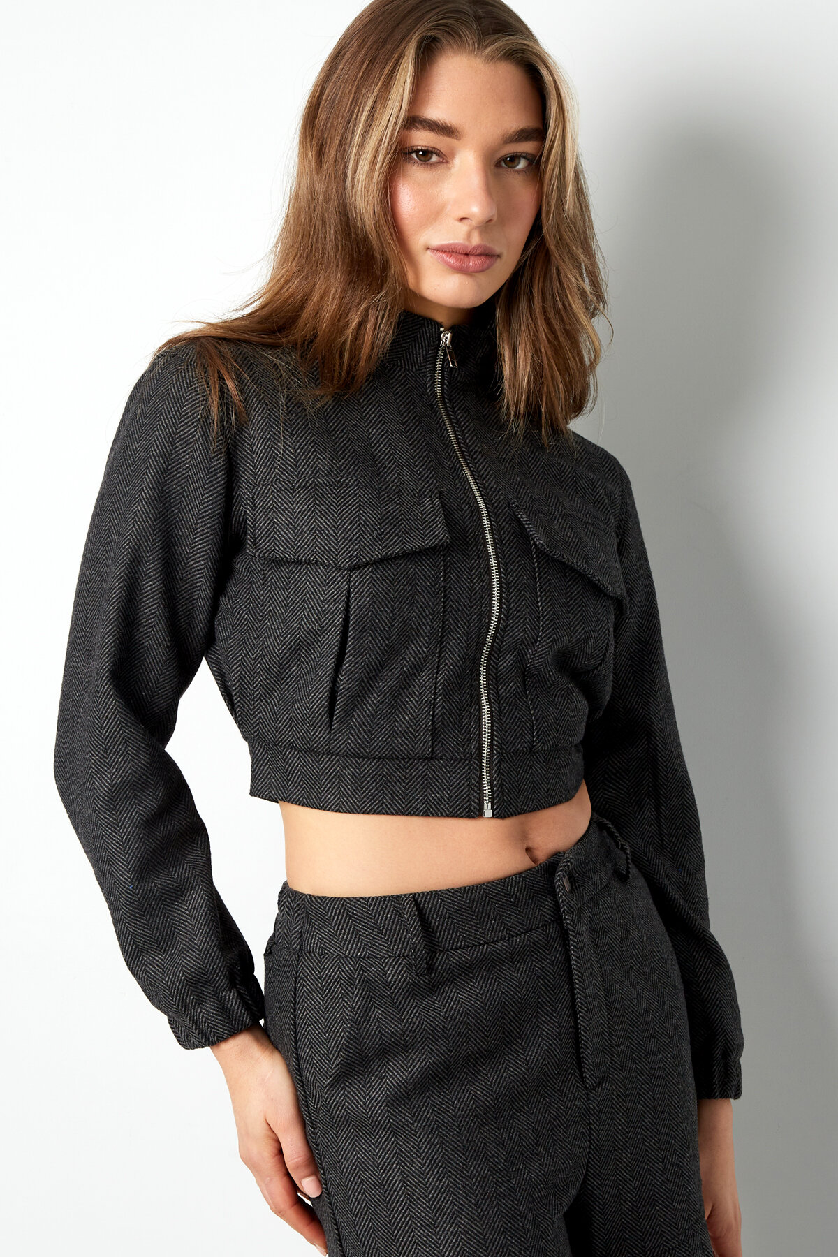 Polyester Women's Cropped Jacket Utility Style Front Zip
