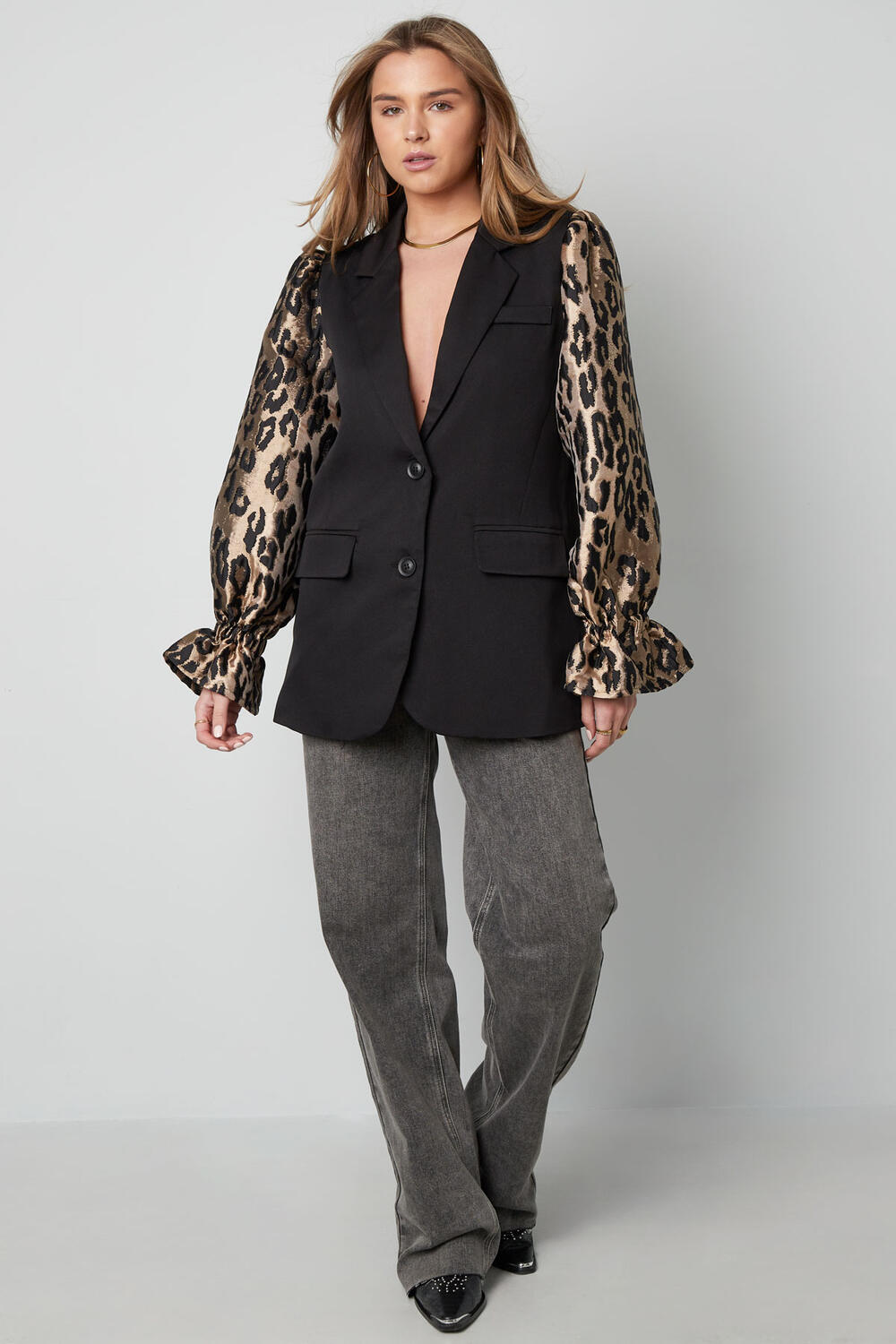 Polyester Women's Suit Set Blazer with Leopard Print Puff Sleeves h5Picture3