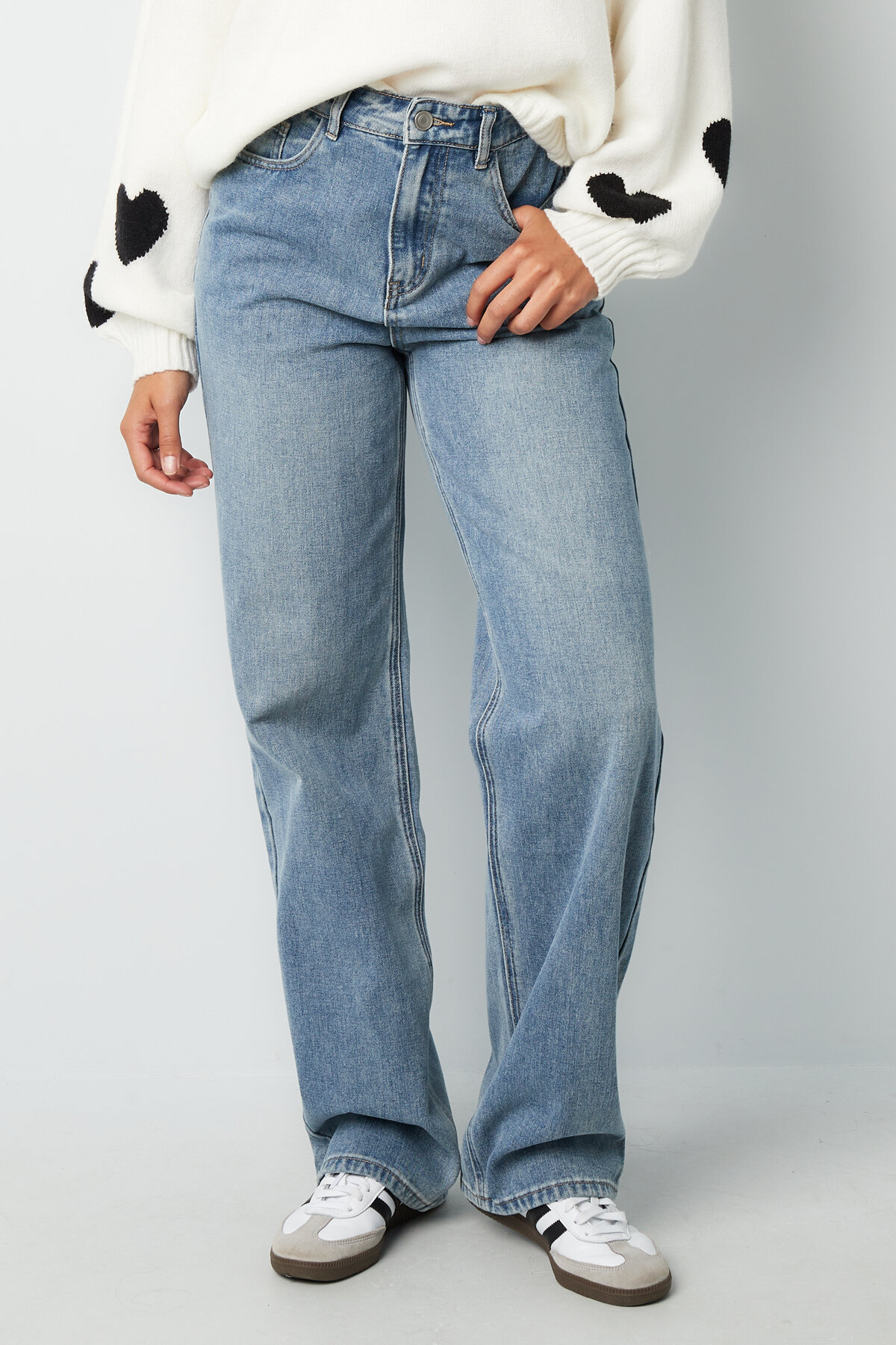 Coton Tissé Femme Pantalon Droit Jeans Décontracté Couleur Unie Indigo Moyen Image2