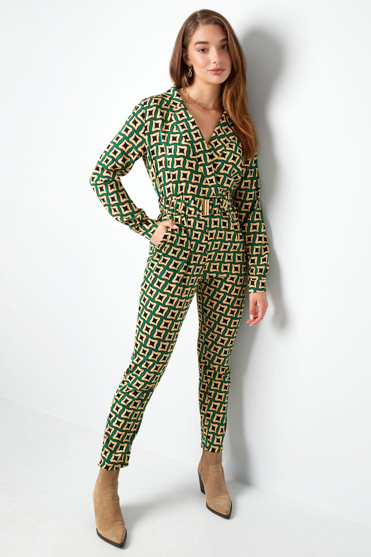 Polyester Women's Denim Jumpsuit Geometric Print