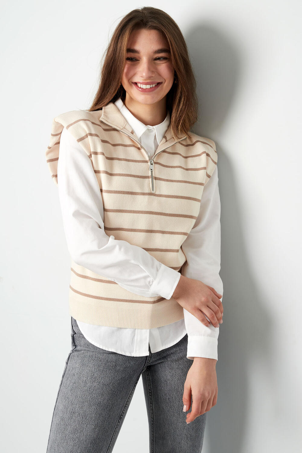 Spencer Rigato Con Cerniera - Beige Marrone h5Immagine3
