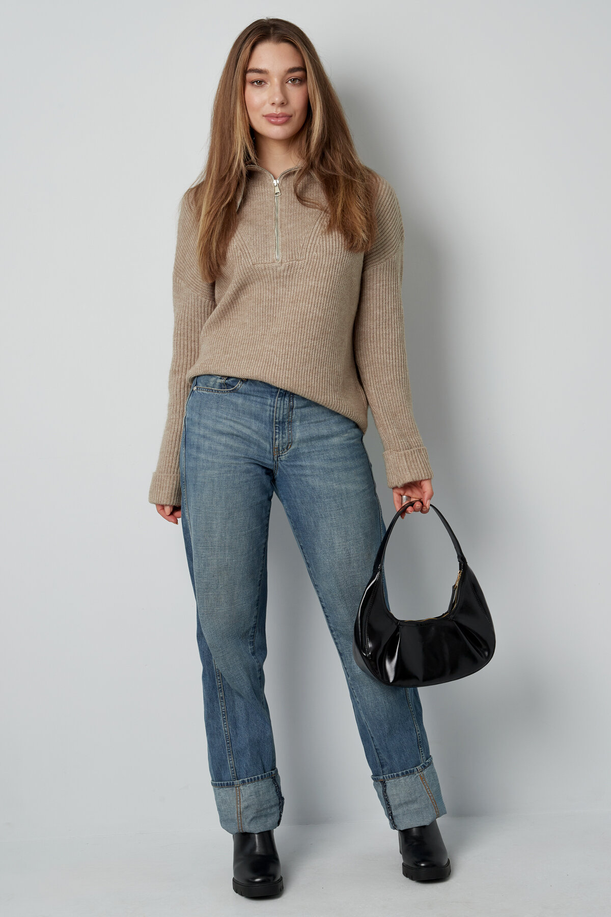 Maglione da donna in misto lana lavorato a maglia con zip parziale tessuto a coste h5 Immagine10