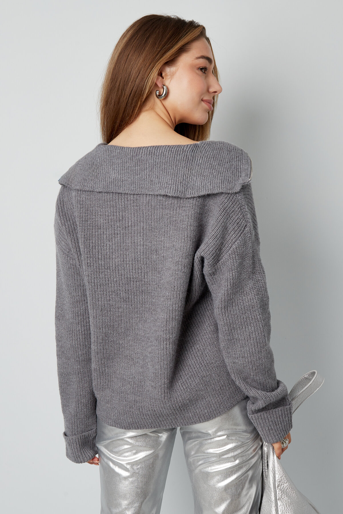 Maglione da donna in misto lana lavorato a maglia con zip parziale tessuto a coste h5 Immagine11