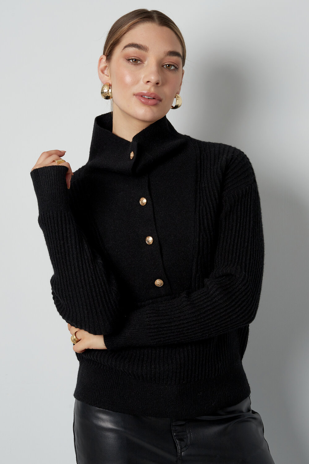 Maglione Donna in Misto Lana Maglia con Collo Alto e Pulsanti h5Immagine5