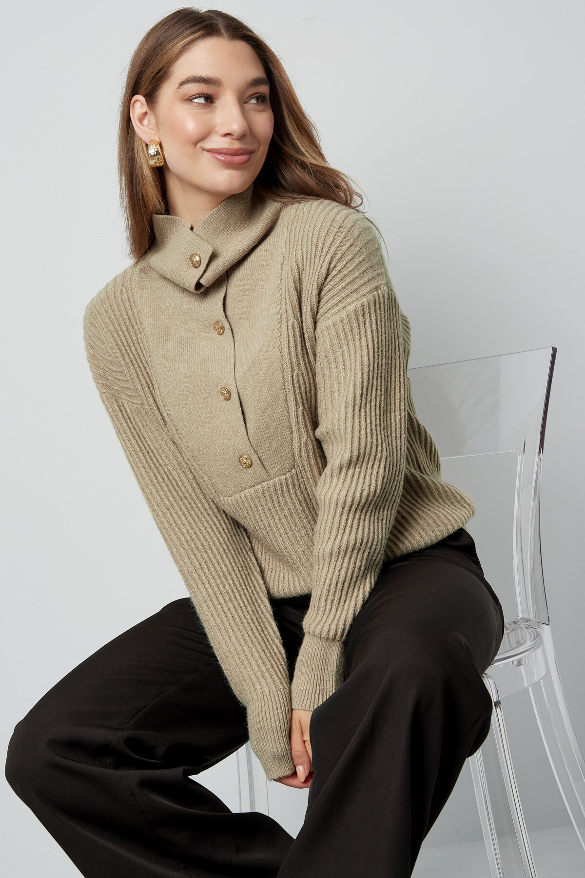 Maglione Donna in Misto Lana Maglia con Collo Alto e Pulsanti h5 Immagine2