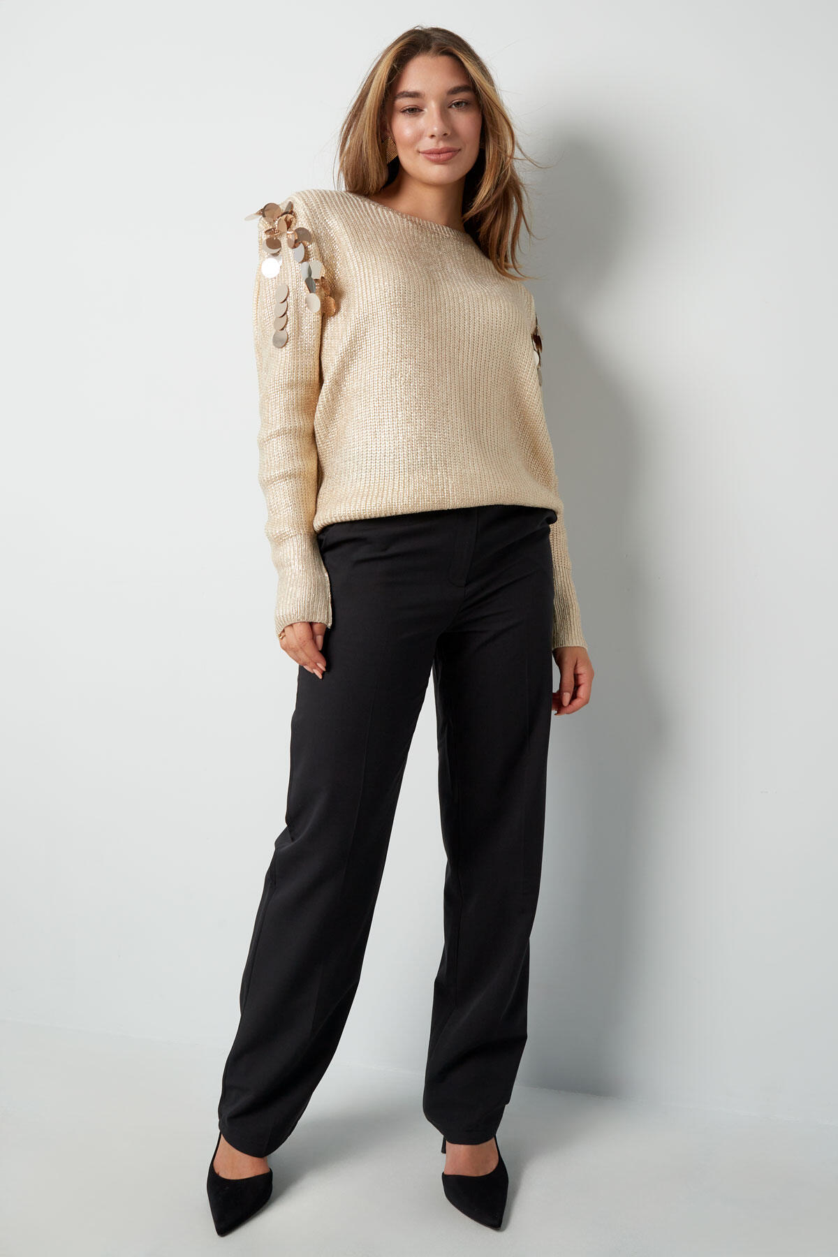 Maglione Donna in Fibra Metallica Intrecciata Dettaglio Spalla di Moda h5Immagine10
