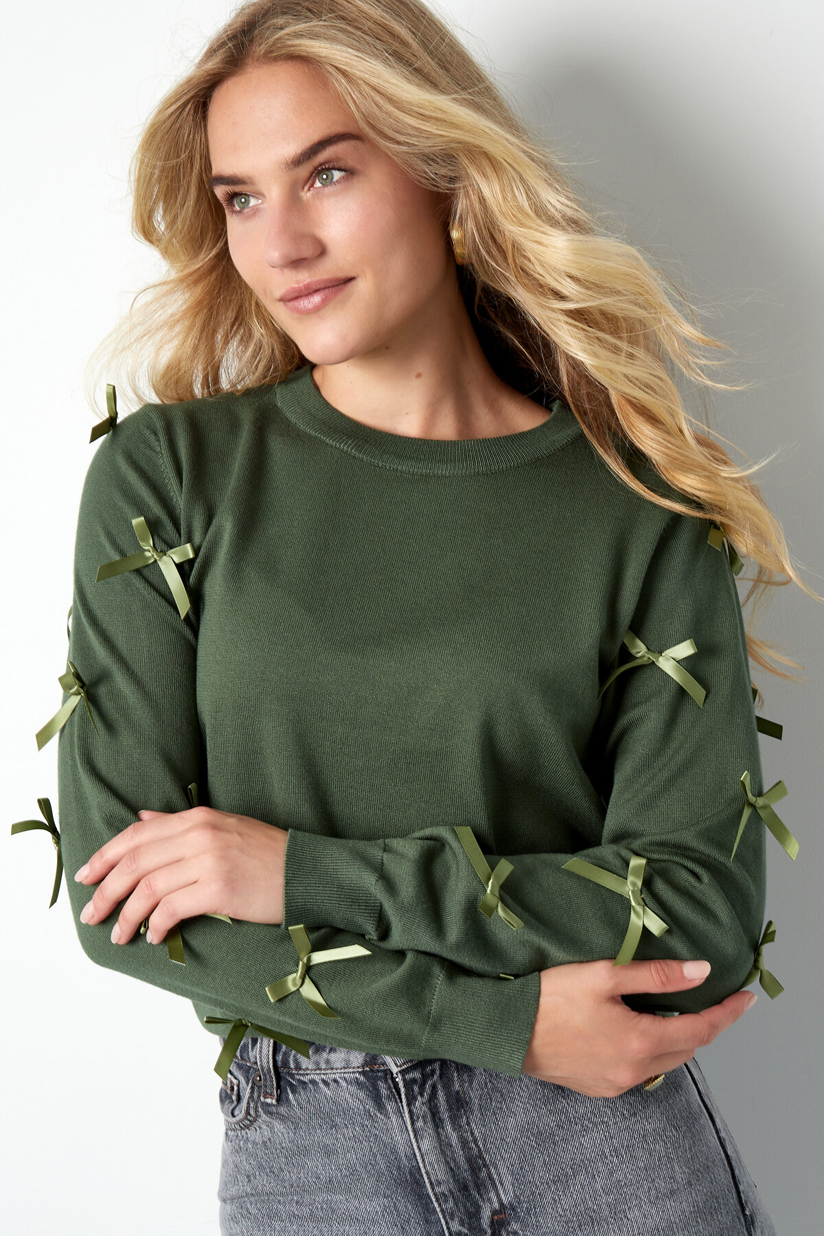 Viscose Women's Long Sleeve Top Decorative Ribbon Detail