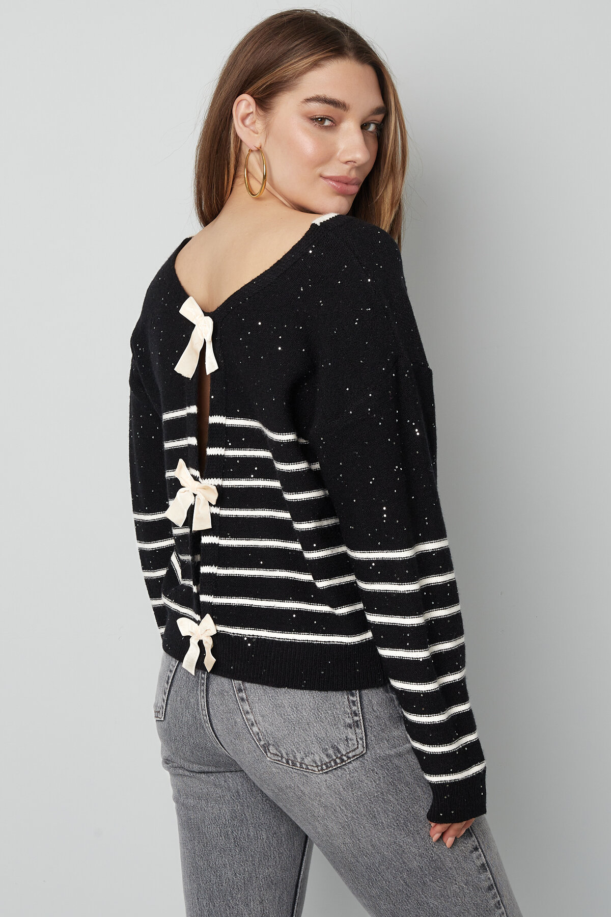 Knitted Polyester Fiber Women's Long Sleeve Top Bow Detail Striped Picture9