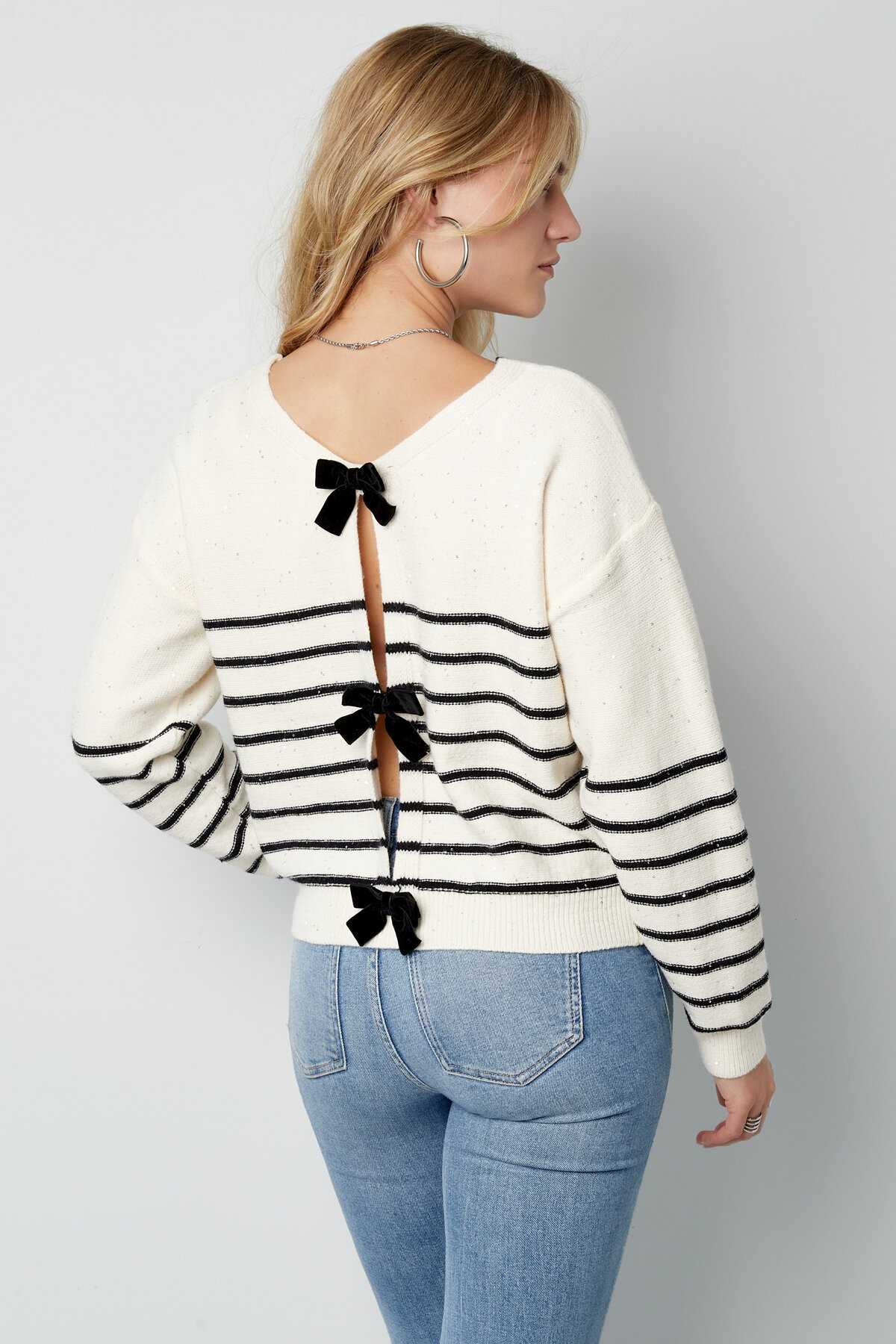 Knitted Polyester Fiber Women's Long Sleeve Top Bow Detail Striped h5 Picture6
