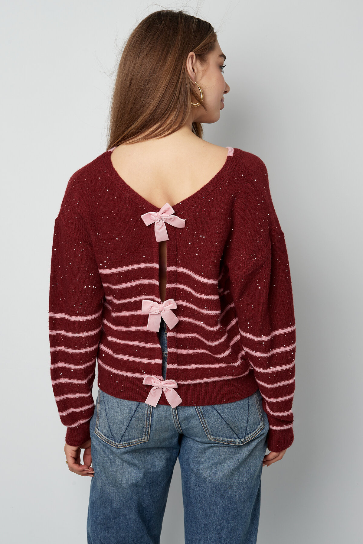 Knitted Polyester Fiber Women's Long Sleeve Top Bow Detail Striped h5 Picture12