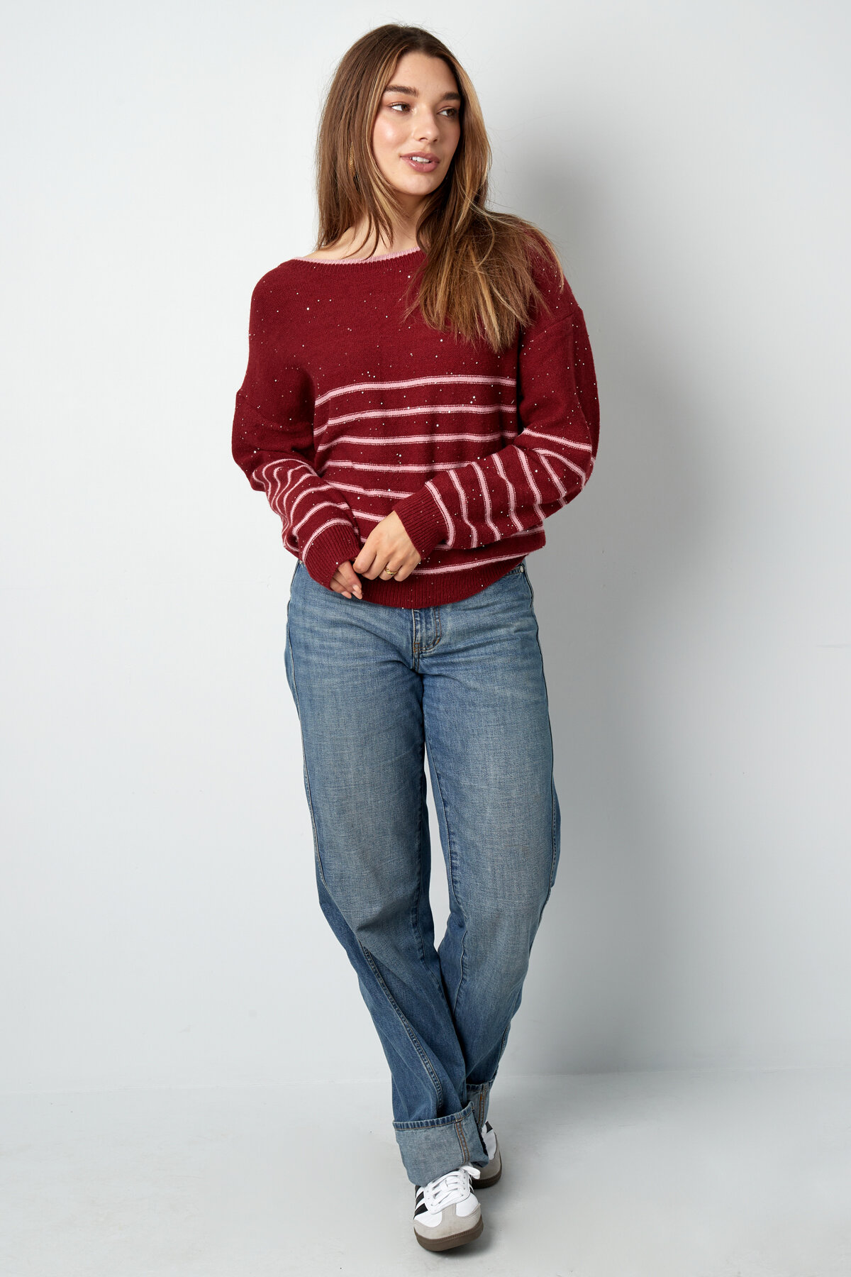 Knitted Polyester Fiber Women's Long Sleeve Top Bow Detail Striped h5 Picture5
