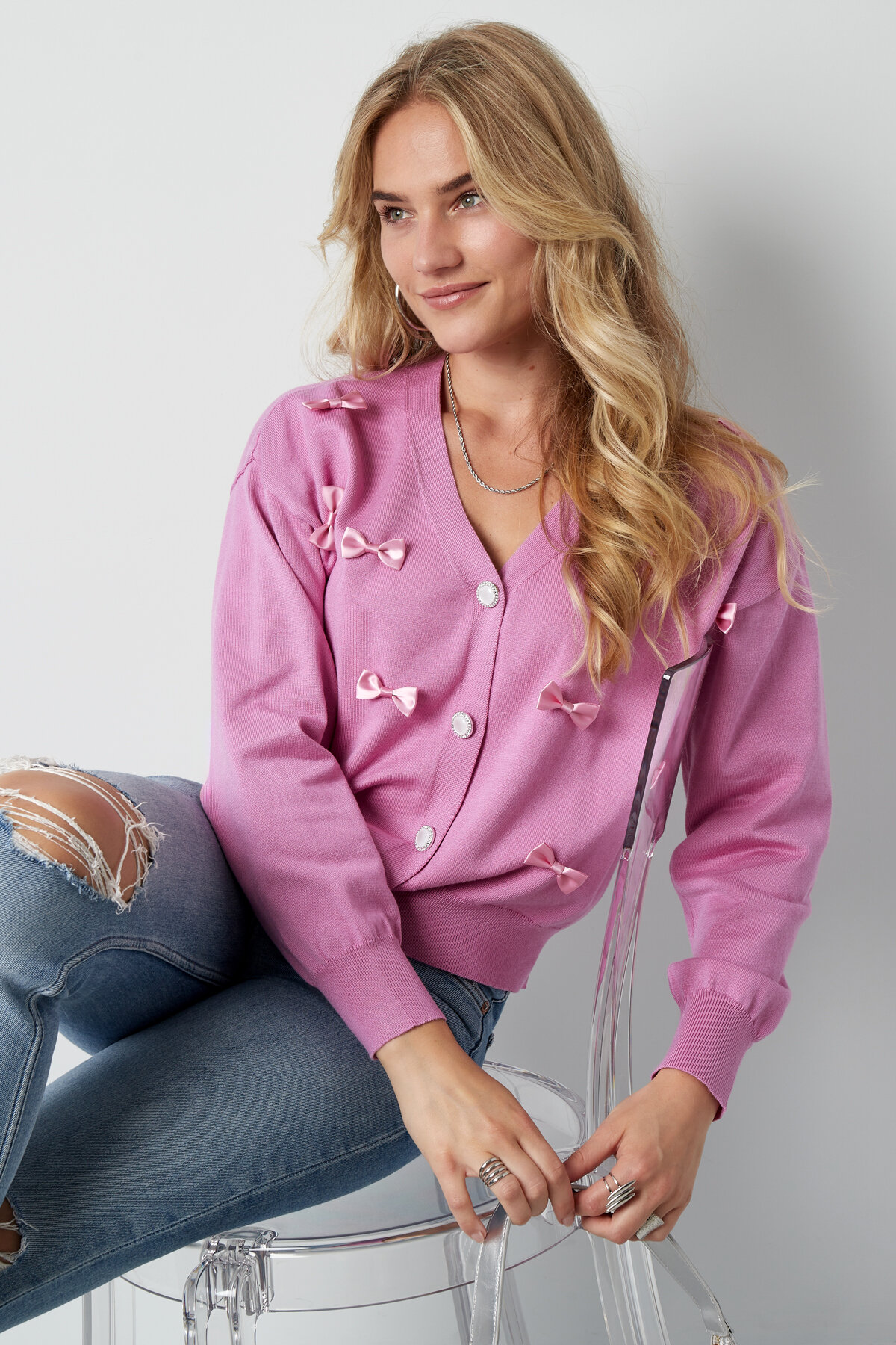 Cardigan de Punto de Viscosa Mujer Cuello en V Detalle de Moño Imagen5