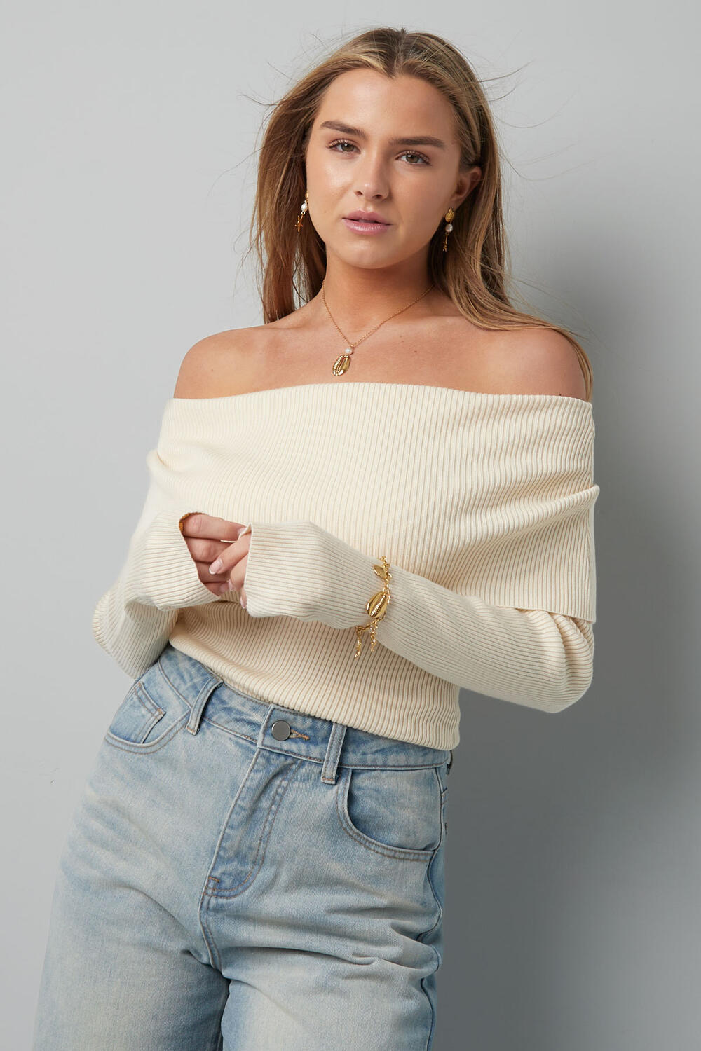 Viscose Knit Sweater Women's Off-Shoulder Design Comfortable Fit h5Picture9