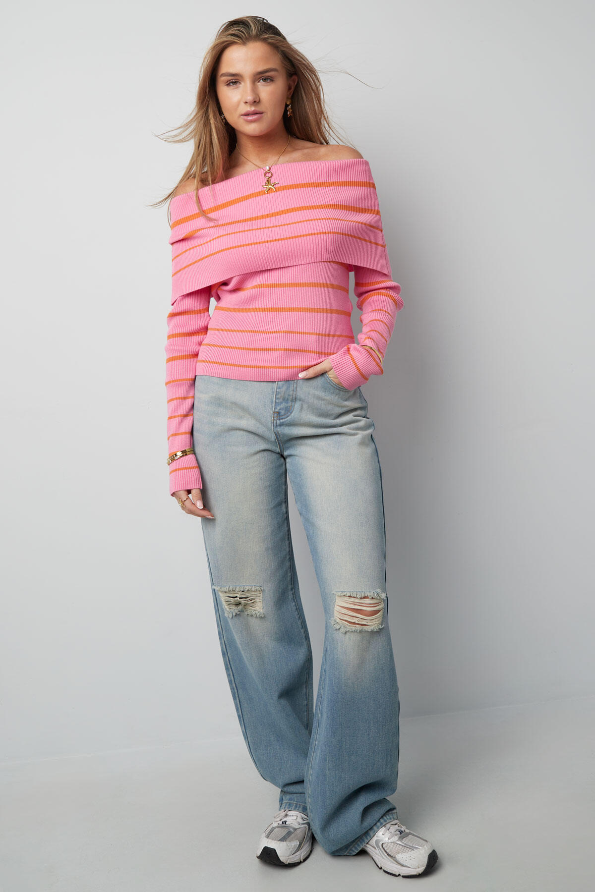 Maglione in Viscosa Donna Spalla Scoperta Design a Righe Immagine8