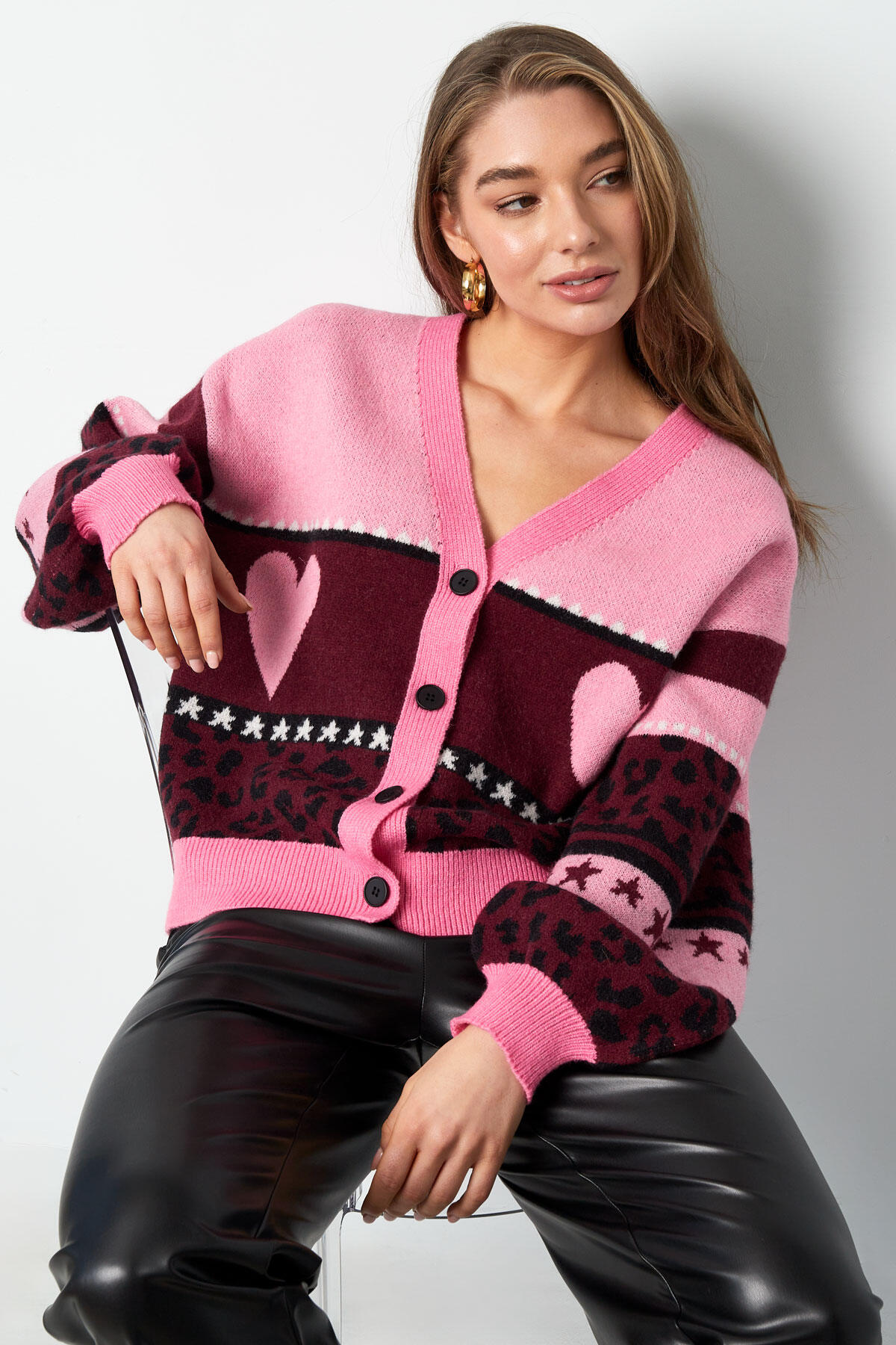  Damen-Strickcardigan mit Herz- und Leopardenmuster im Oversize-Look h5 Bild2