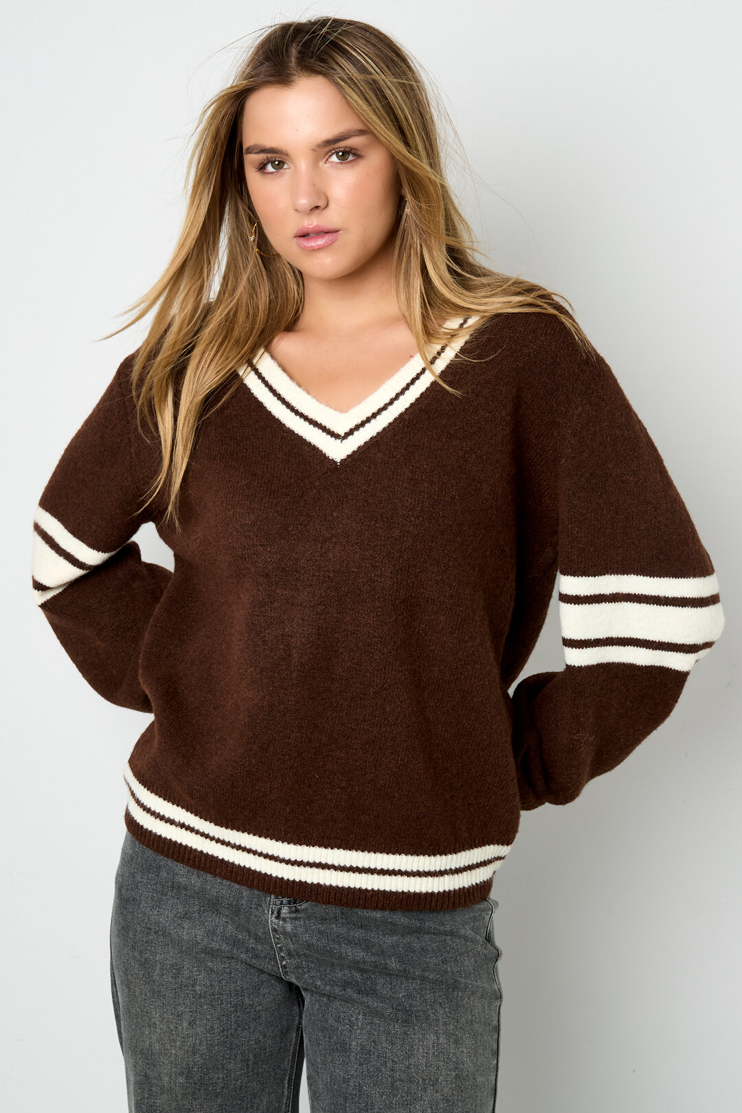 Knitted Polyester Fiber Women's V-Neck Sweater Sporty Contrast Stripes h5 Picture5