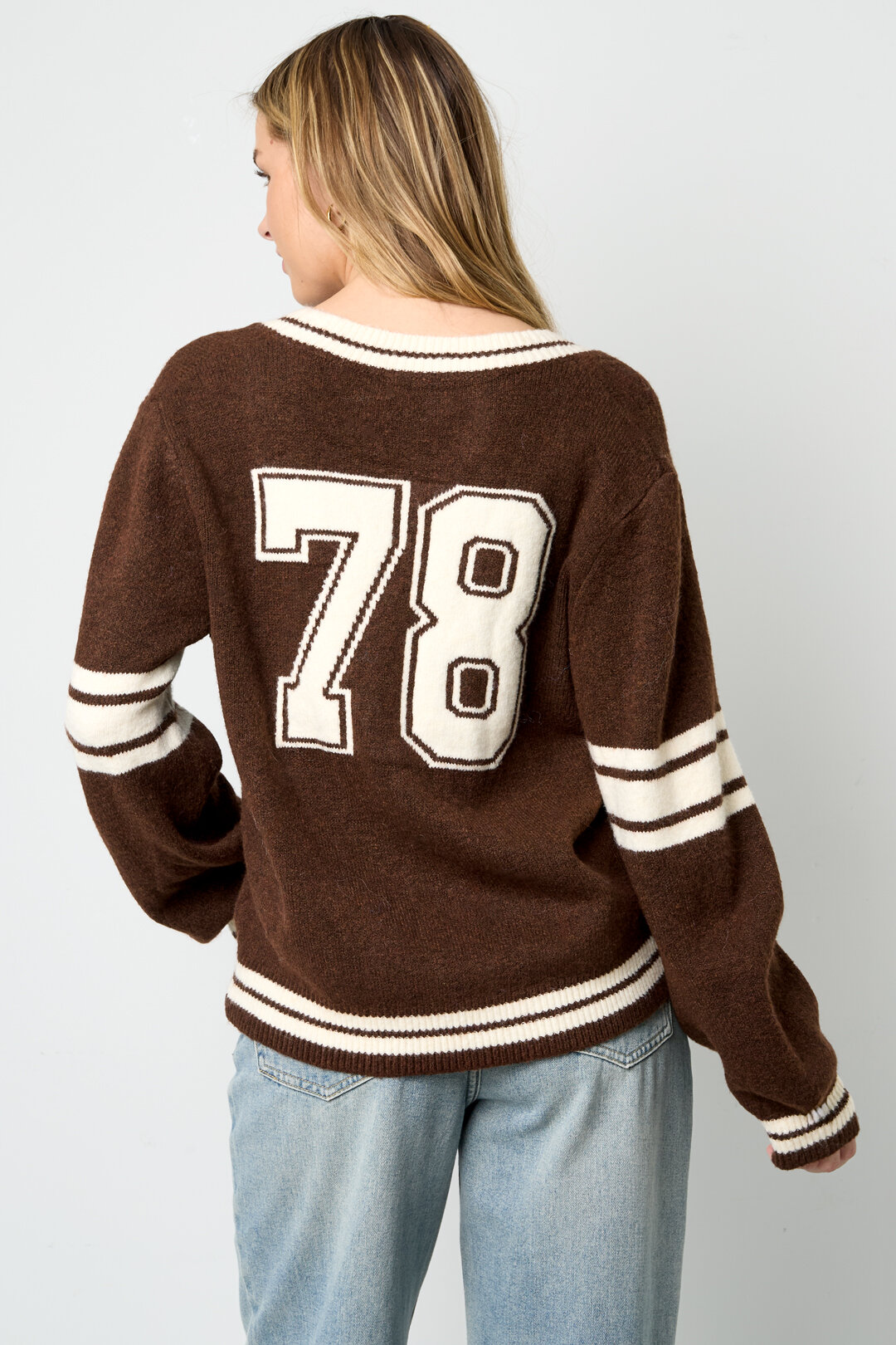 Knitted Polyester Fiber Women's V-Neck Sweater Sporty Contrast Stripes h5 Picture6