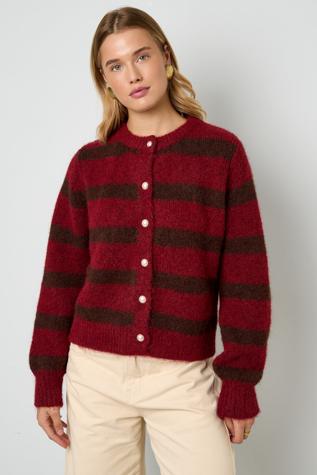 Cardigan Donna in Fibra di Poliestere Maglia Stile Casual a Righe