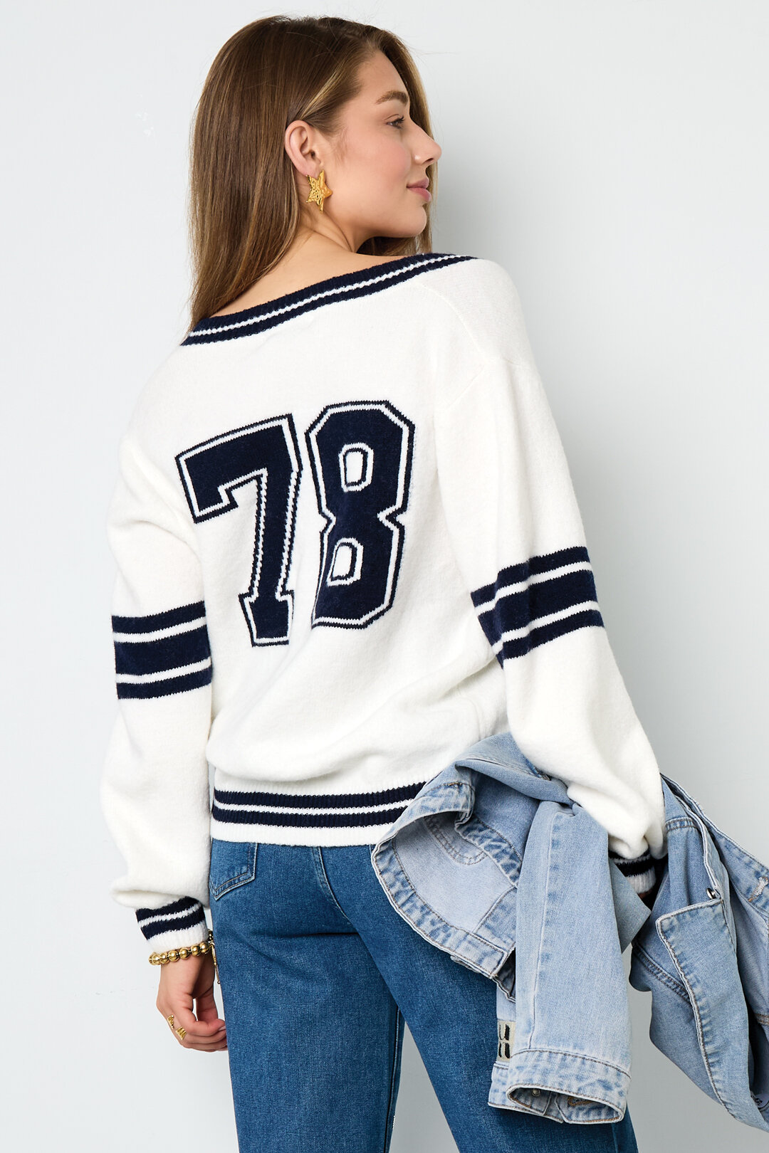 Pull Femme Col V En Maille Fibre de Polyester Sportif Rayures Contrastantes