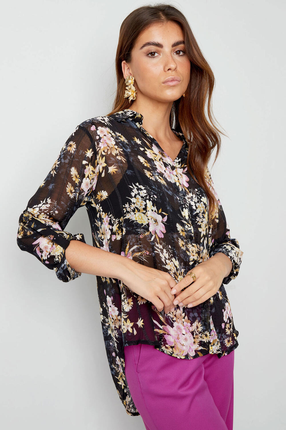 Camicia in Poliestere Donna Stampa Fiorata Collo a V Maniche Lunghe h5Immagine2