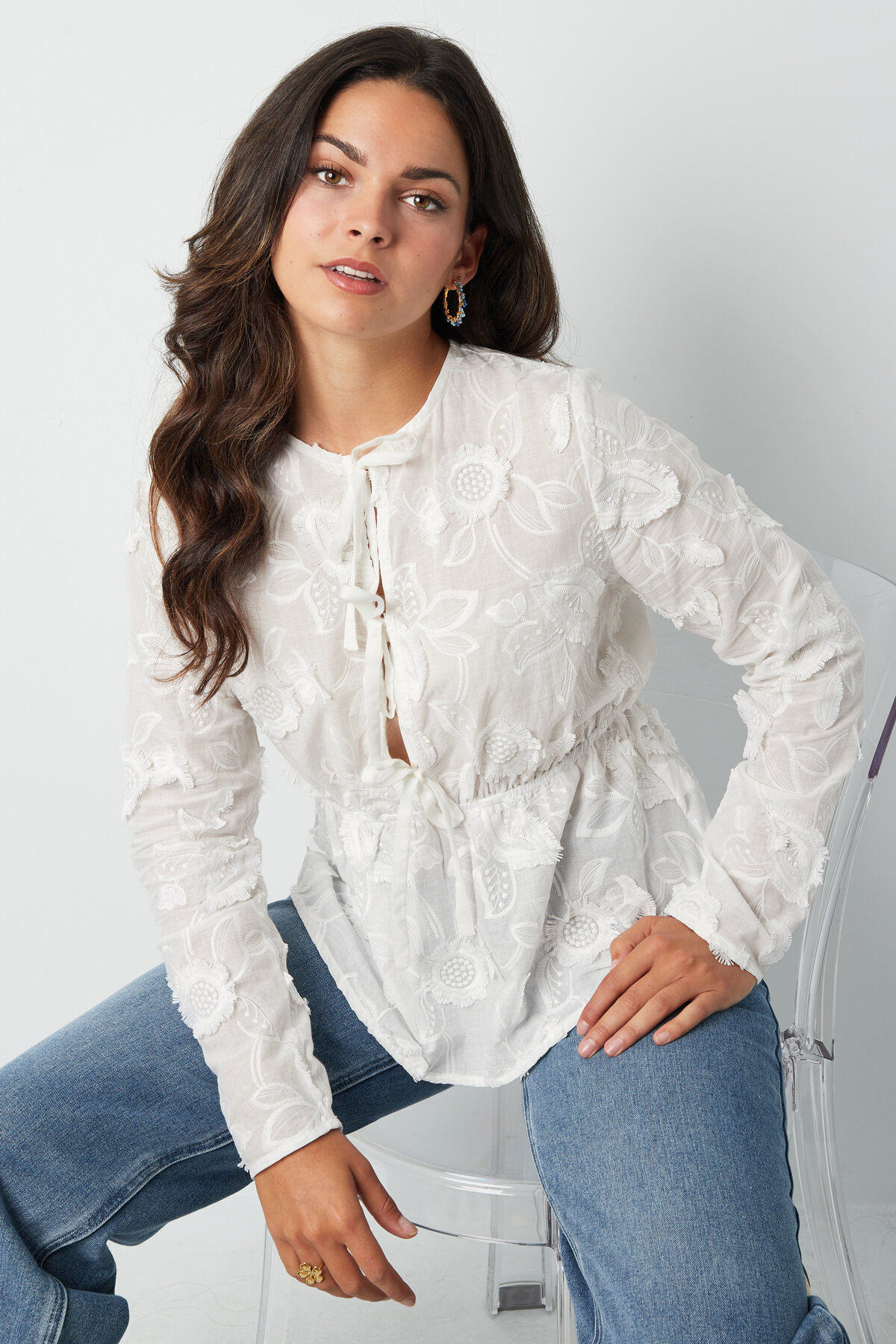 Cotton Women's Long Sleeve Tops Embroidered Drawstring Waist Picture4