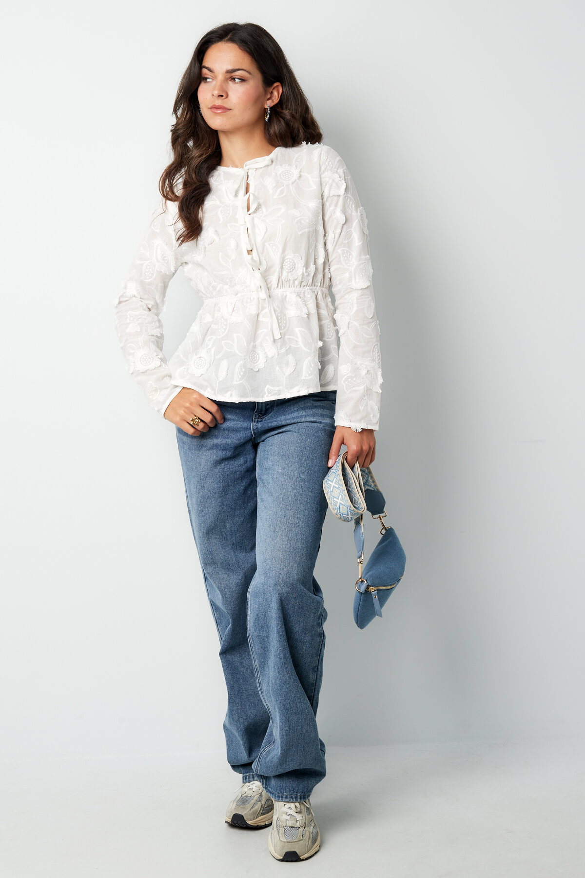 Cotton Women's Long Sleeve Tops Embroidered Drawstring Waist h5 Picture5