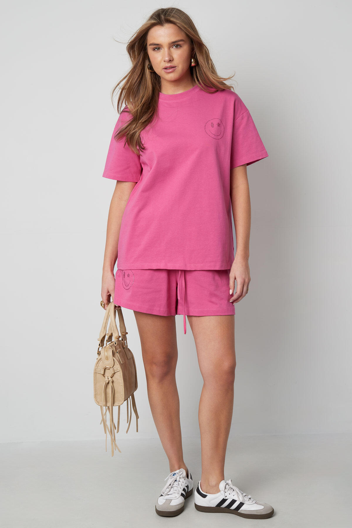 Baumwolle Damen T-Shirt Oversized Fuchsia Lächeln Stickerei h5 Bild3