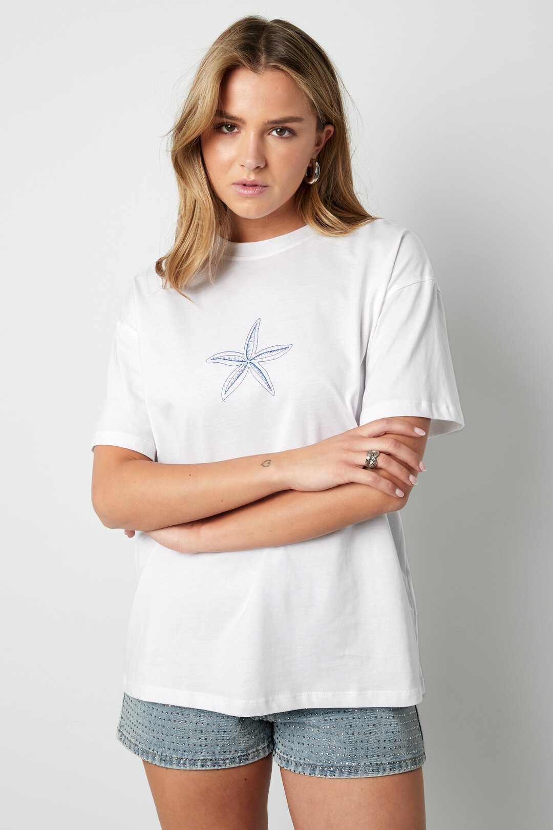 Cotton Women's T-shirt Casual Embroidered Starfish h5 Picture6