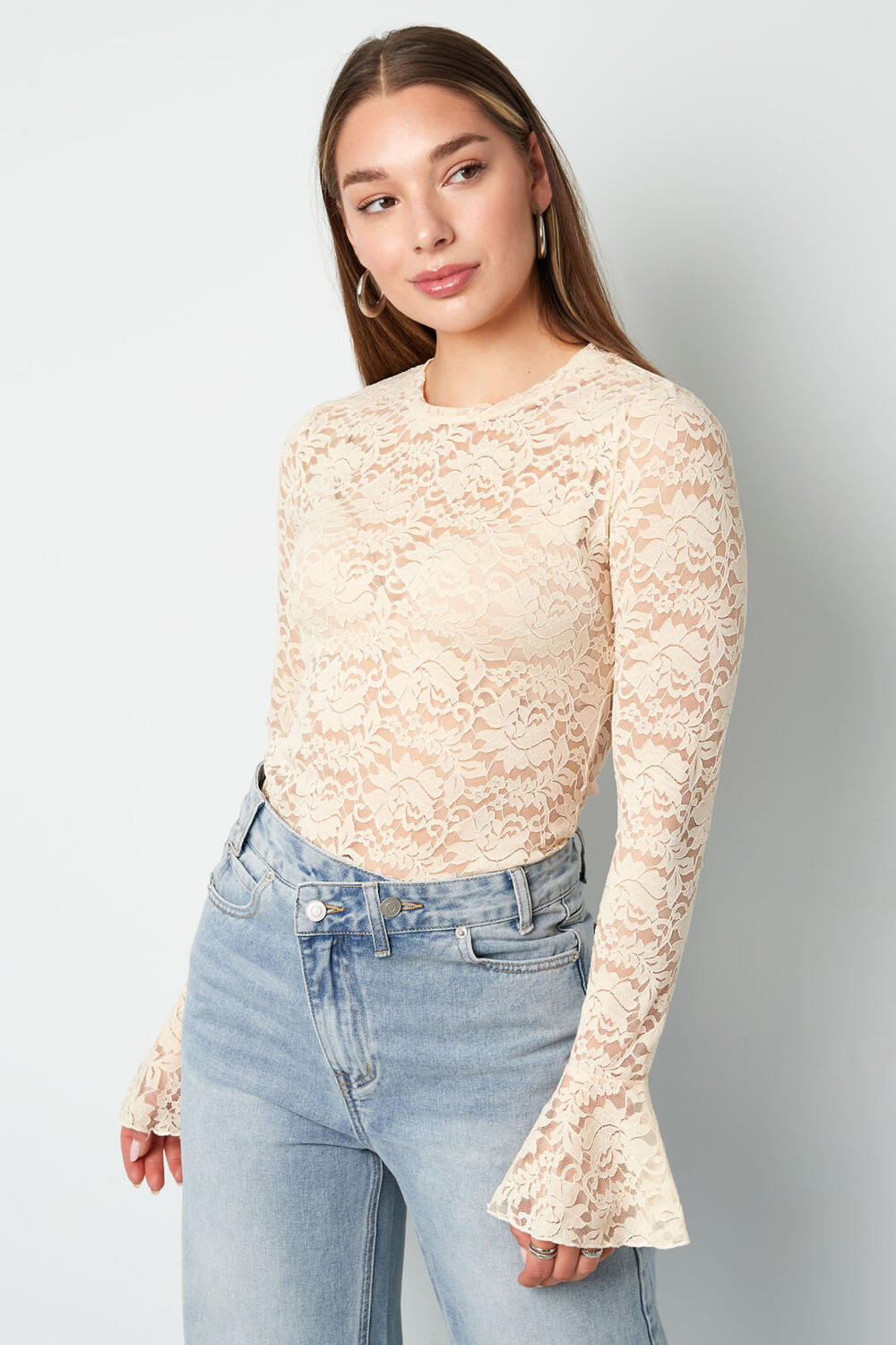 Woven Polyester Long Sleeve Tops Elegant Lace Panel h5Picture7