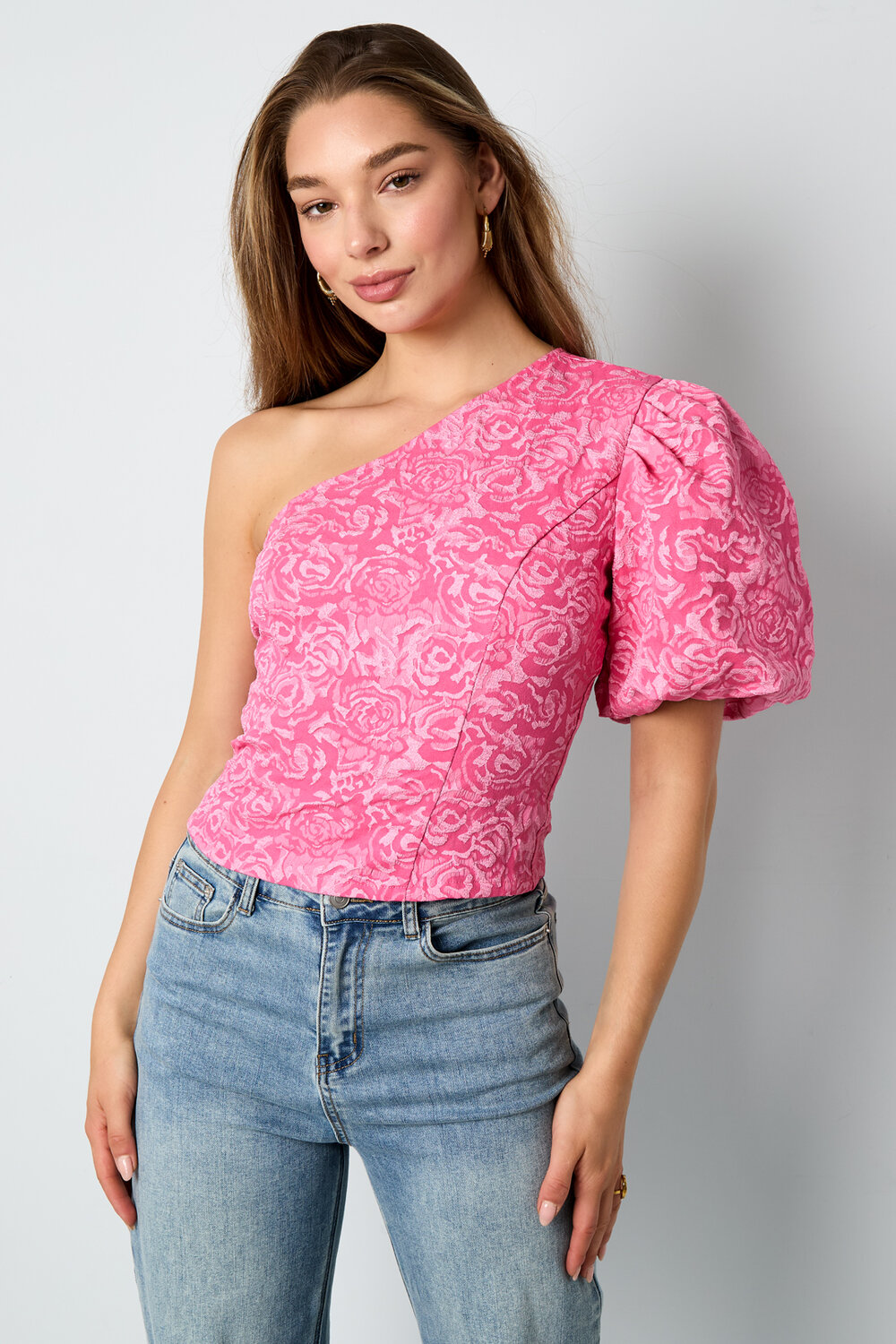 Woven Polyester Fiber Women's One-Shoulder Top Elegant Floral Print h5Picture6